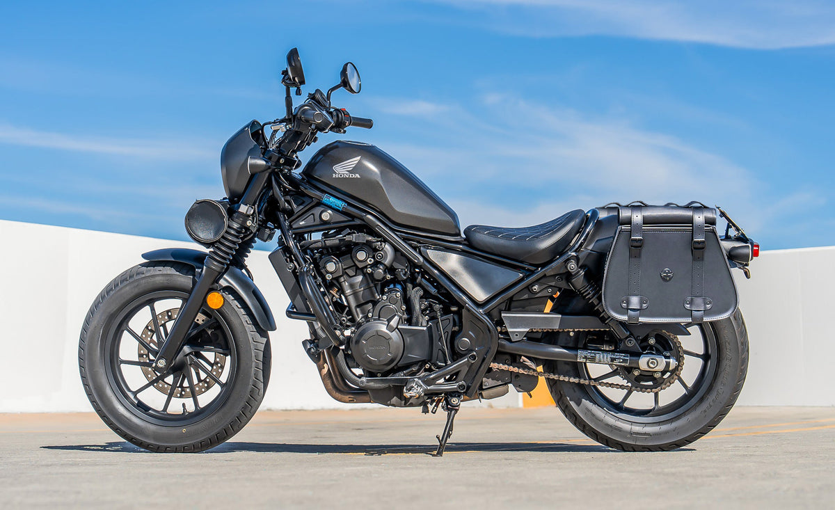 30L - SpiritBlade Roll-Top Large Honda Rebel 500 Motorcycle Leather Saddlebags Lifestyle @expand