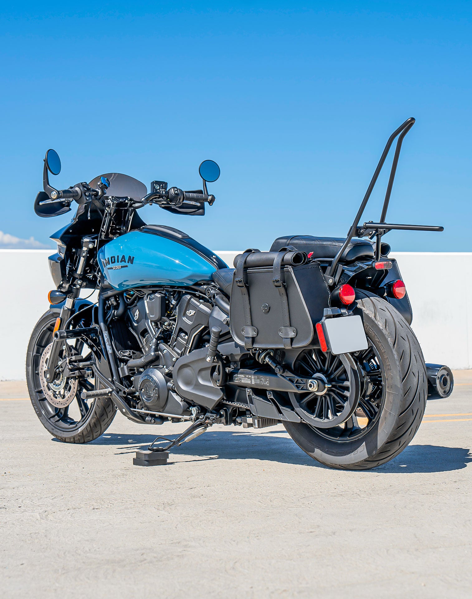 30L - SpiritBlade Roll-Top Large Indian Scout Bobber Motorcycle Leather Saddlebags Lifestyle