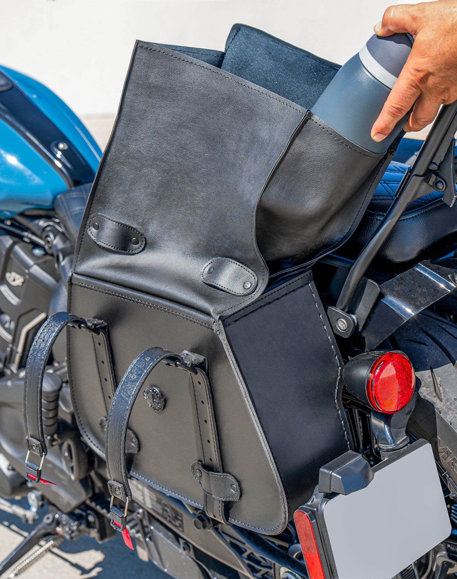 30L - SpiritBlade Roll-Top Large Indian Scout Bobber Motorcycle Leather Saddlebags Lifestyle
