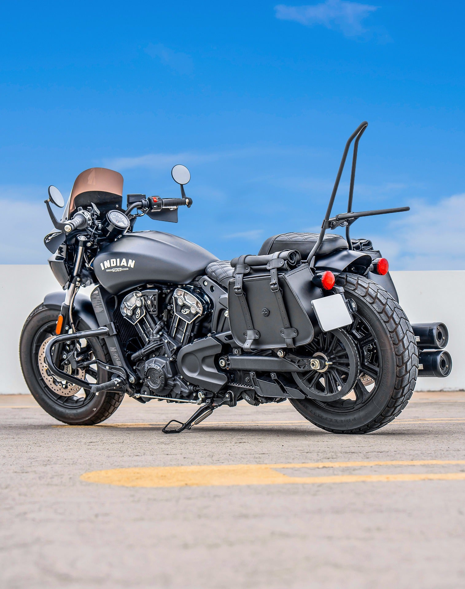 30L - SpiritBlade Roll-Top Large Indian Scout Bobber Motorcycle Leather Saddlebags Lifestyle