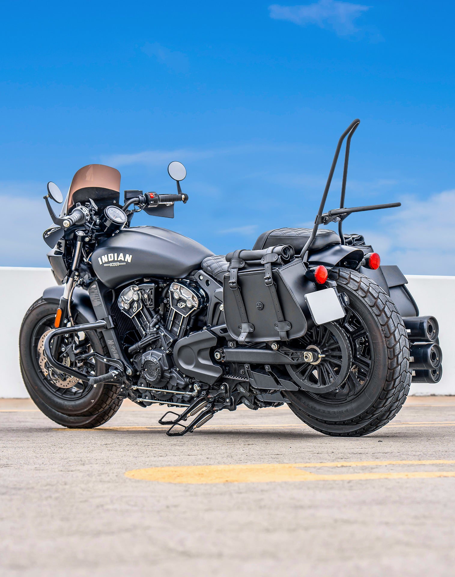 30L - SpiritBlade Roll-Top Large Indian Scout Bobber Sixty Motorcycle Leather Saddlebags Lifestyle
