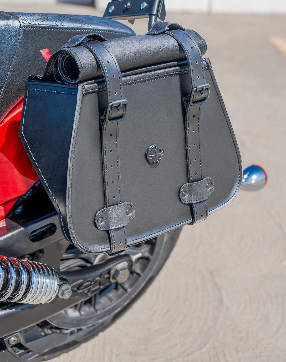 30L - SpiritBlade Roll-Top Large 2025+ Indian Scout Classic Motorcycle Leather Saddlebags Lifestyle