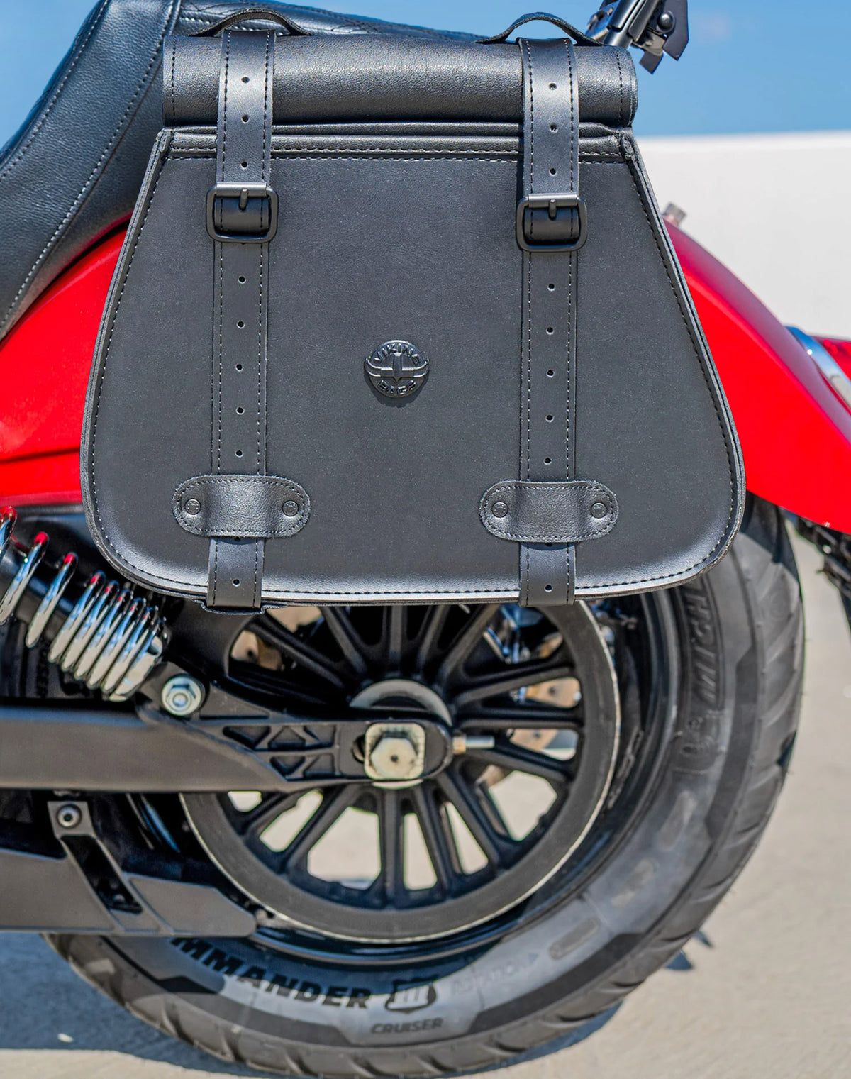 30L - SpiritBlade Roll-Top Large 2025+ Indian Scout Classic Motorcycle Leather Saddlebags Lifestyle