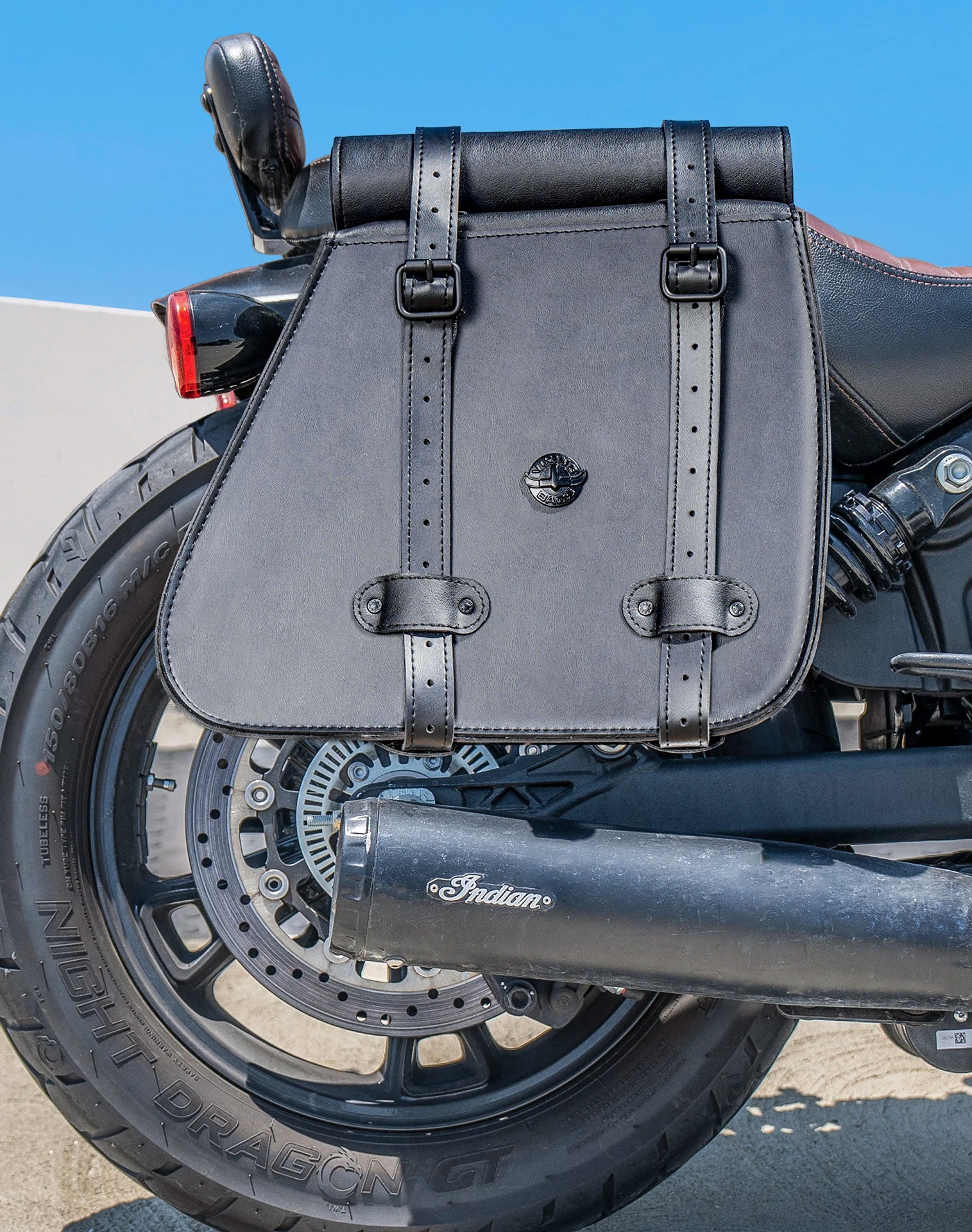 30L - SpiritBlade Roll-Top Large Indian Scout Rogue Sixty Motorcycle Leather Saddlebags Vertical Lifestyle