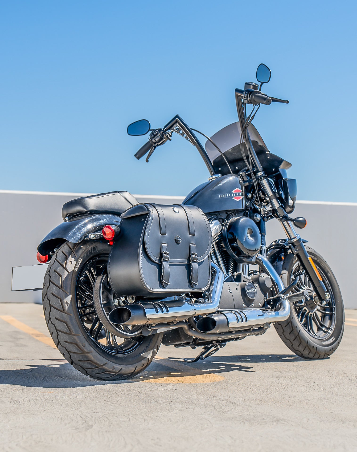 30L - Ghost Large Shock Cutout Motorcycle Saddlebags For Harley Sportster Superlow XL883L Vertical Lifestyle