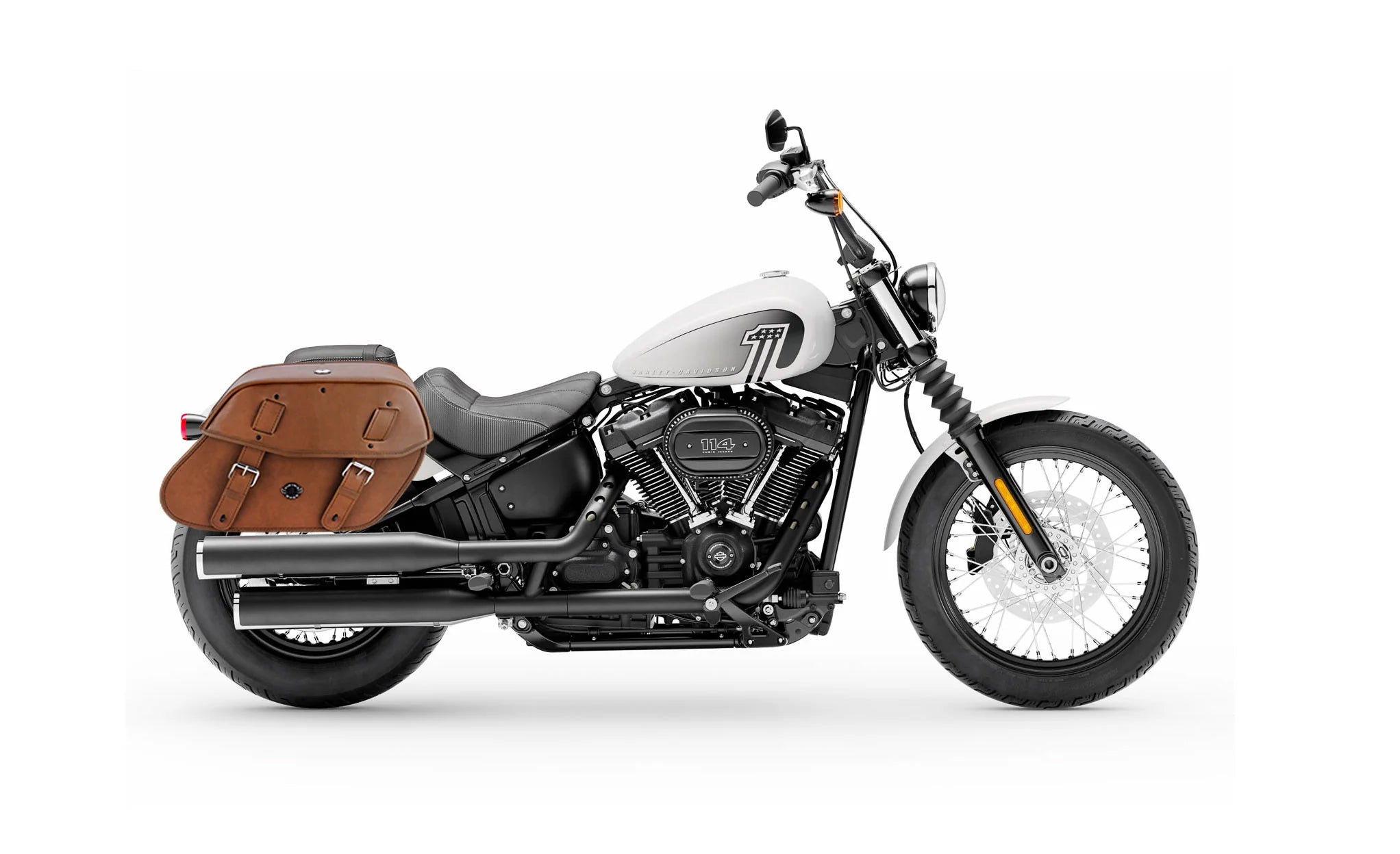 Viking Odin Brown Large Leather Motorcycle Saddlebags For Harley Softail Street Bob Fxbb on Bike Photo @expand