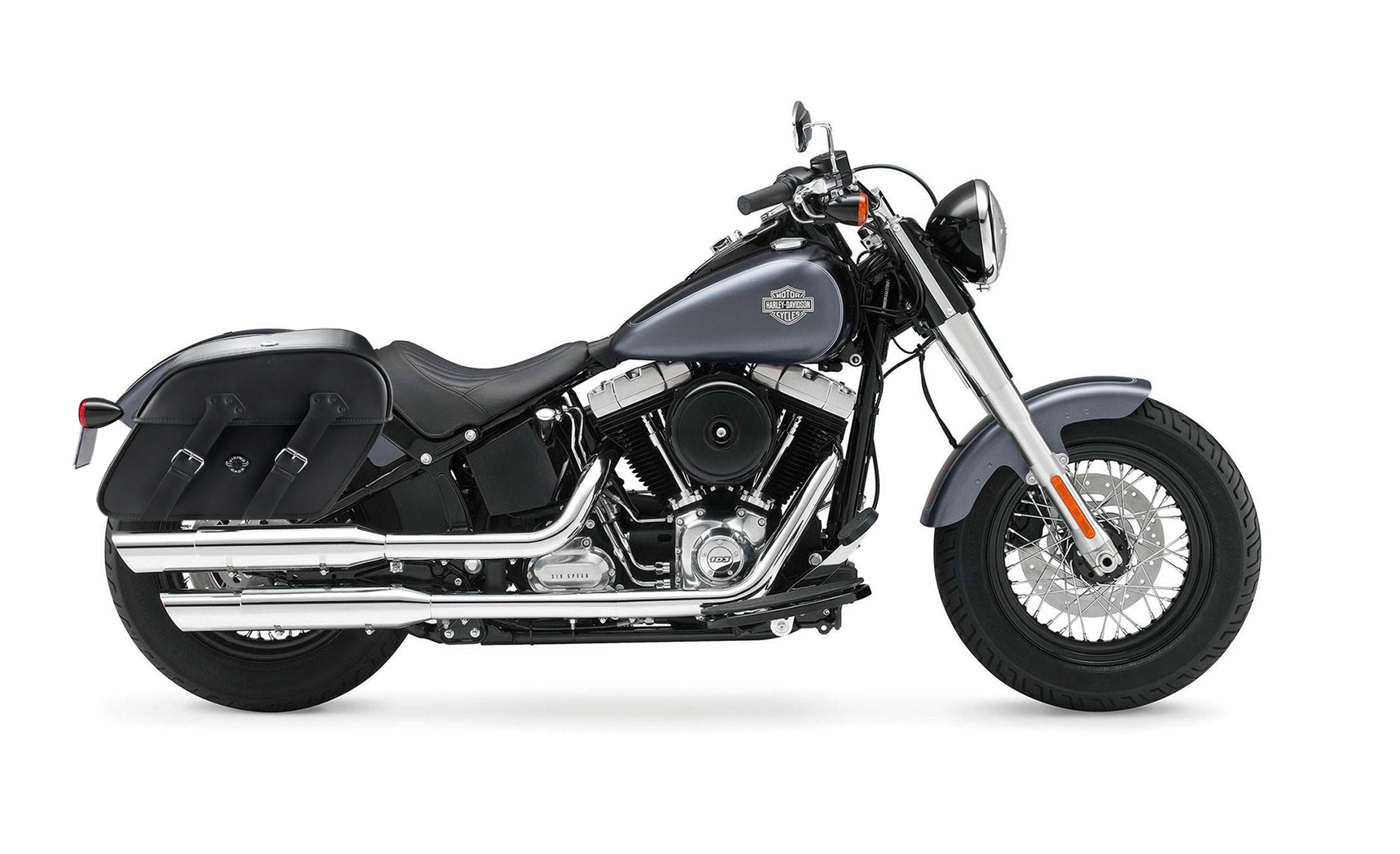 32L - Raven Large Motorcycle Leather Saddlebags for Harley Softail Slim FLS on Bike Photo @expand