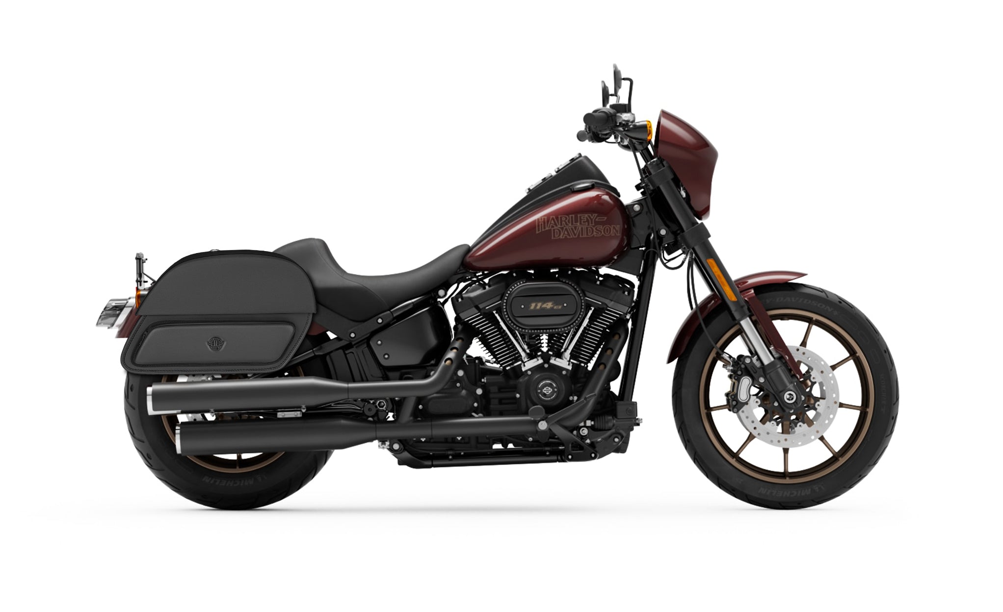 33L - Pantheon Large Motorcycle Saddlebags for Harley Davidson Softail Low Rider S FXLRS on Bike Photo @expand