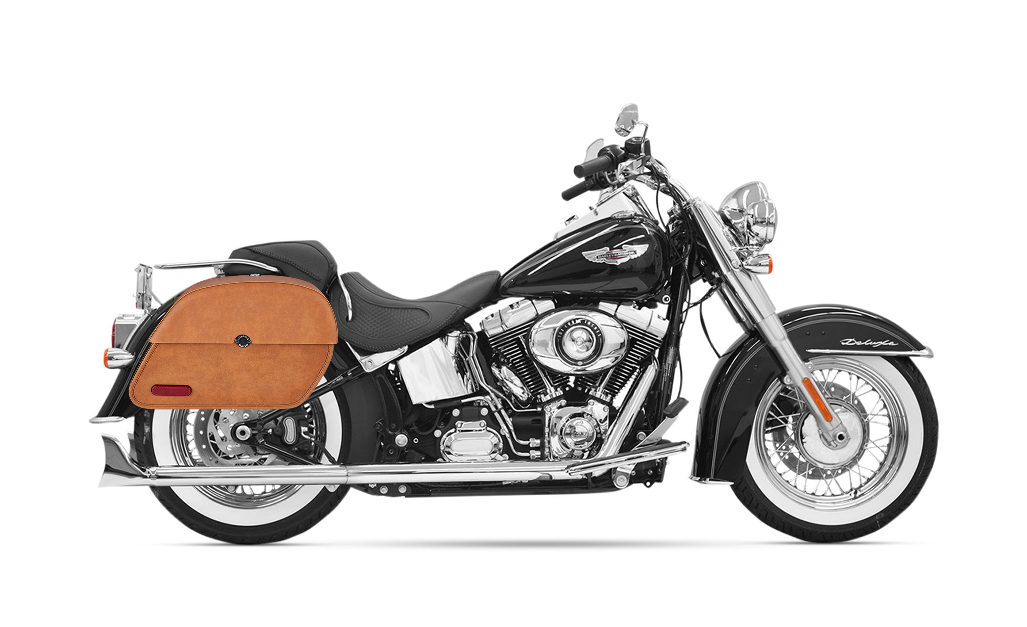 33L - Panzer Brown Large Leather Motorcycle Saddlebags for Harley Softail Heritage FLSTICCI on Bike Photo @expand