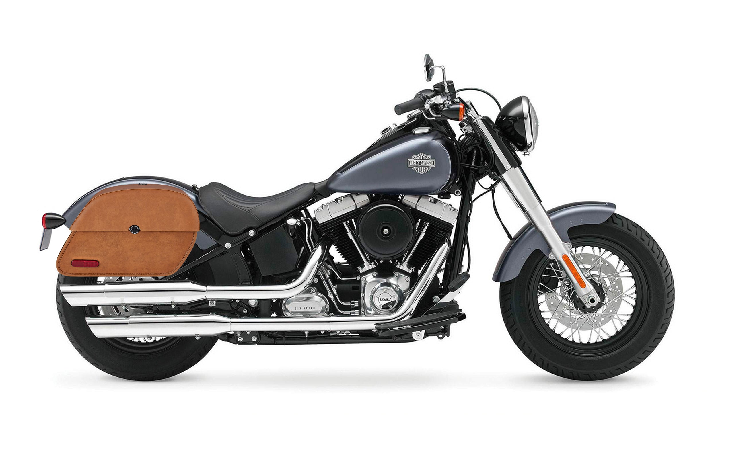 33L - Panzer Brown Large Leather Motorcycle Saddlebags for Harley Softail Slim FLS on Bike Photo @expand