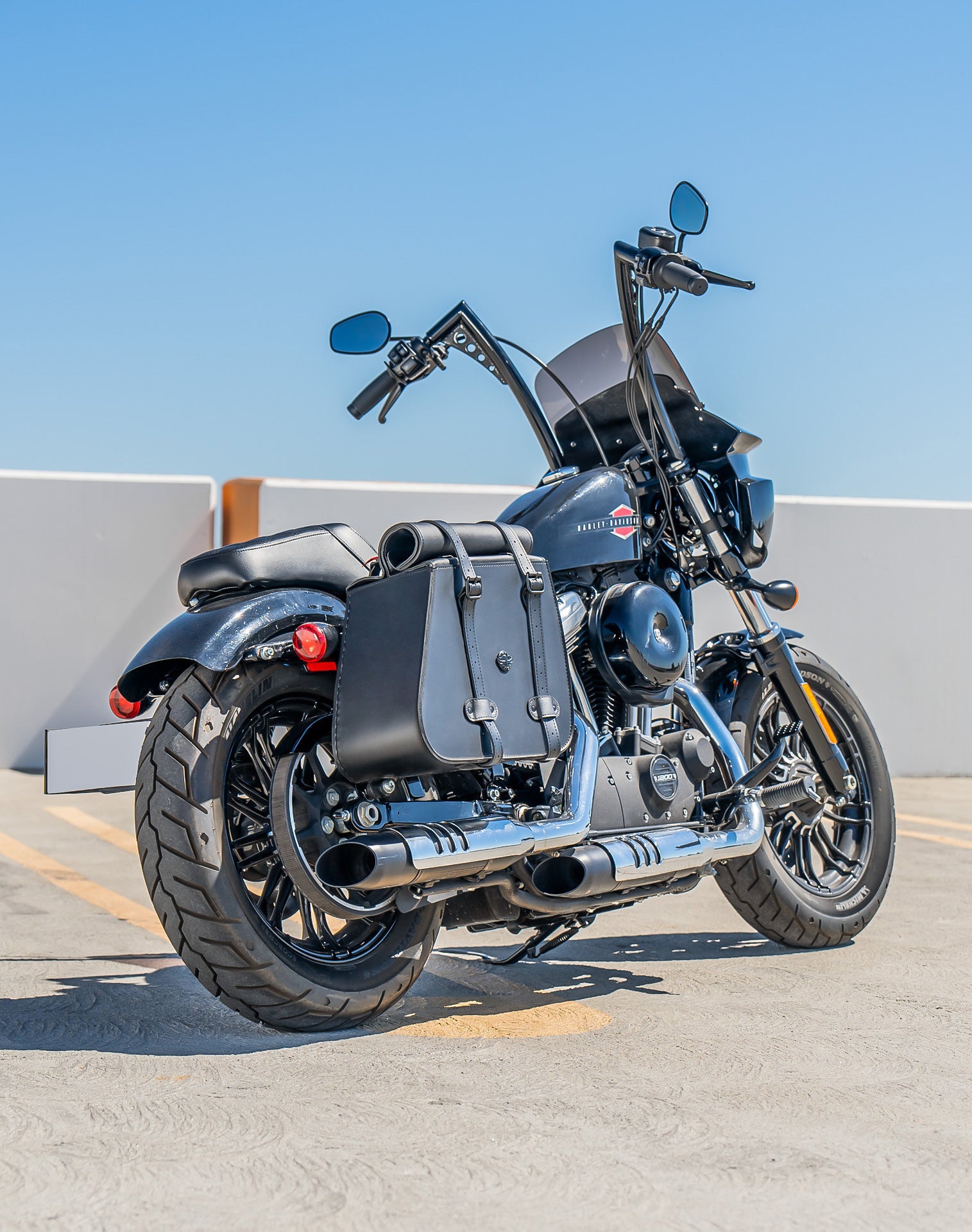 35L - Void Large Roll-Top Shock-Cut Saddlebags For Harley Sportster Super Low XL1200T Vertical Lifestyle