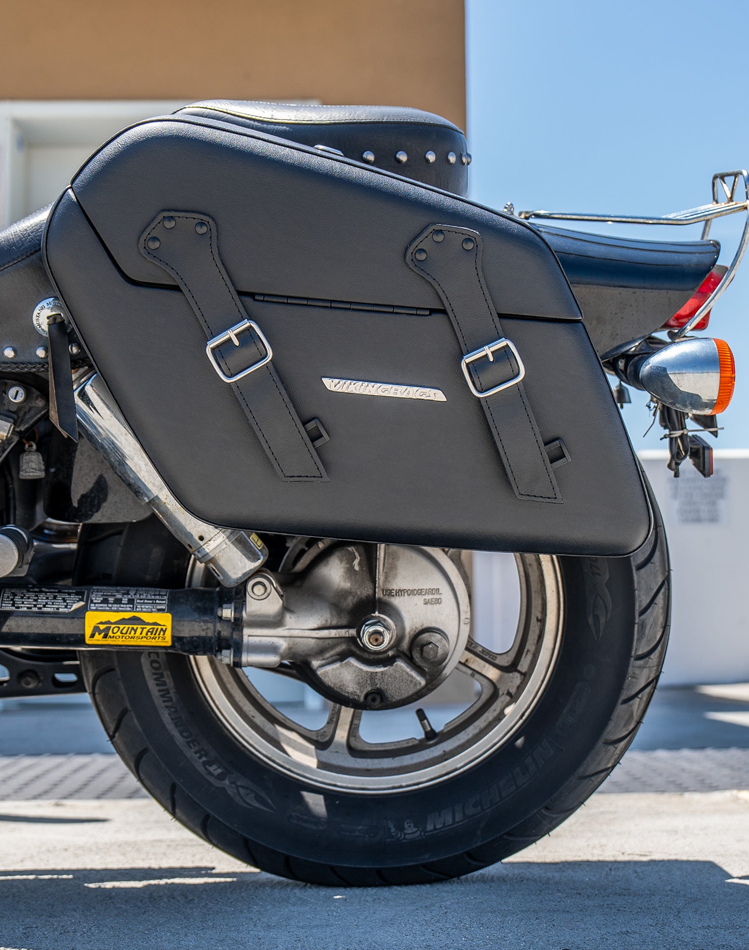 38L - Baldur XL Shock Cutout Honda Shadow 1100 Spirit Leather Wrapped Hard Saddlebags v2