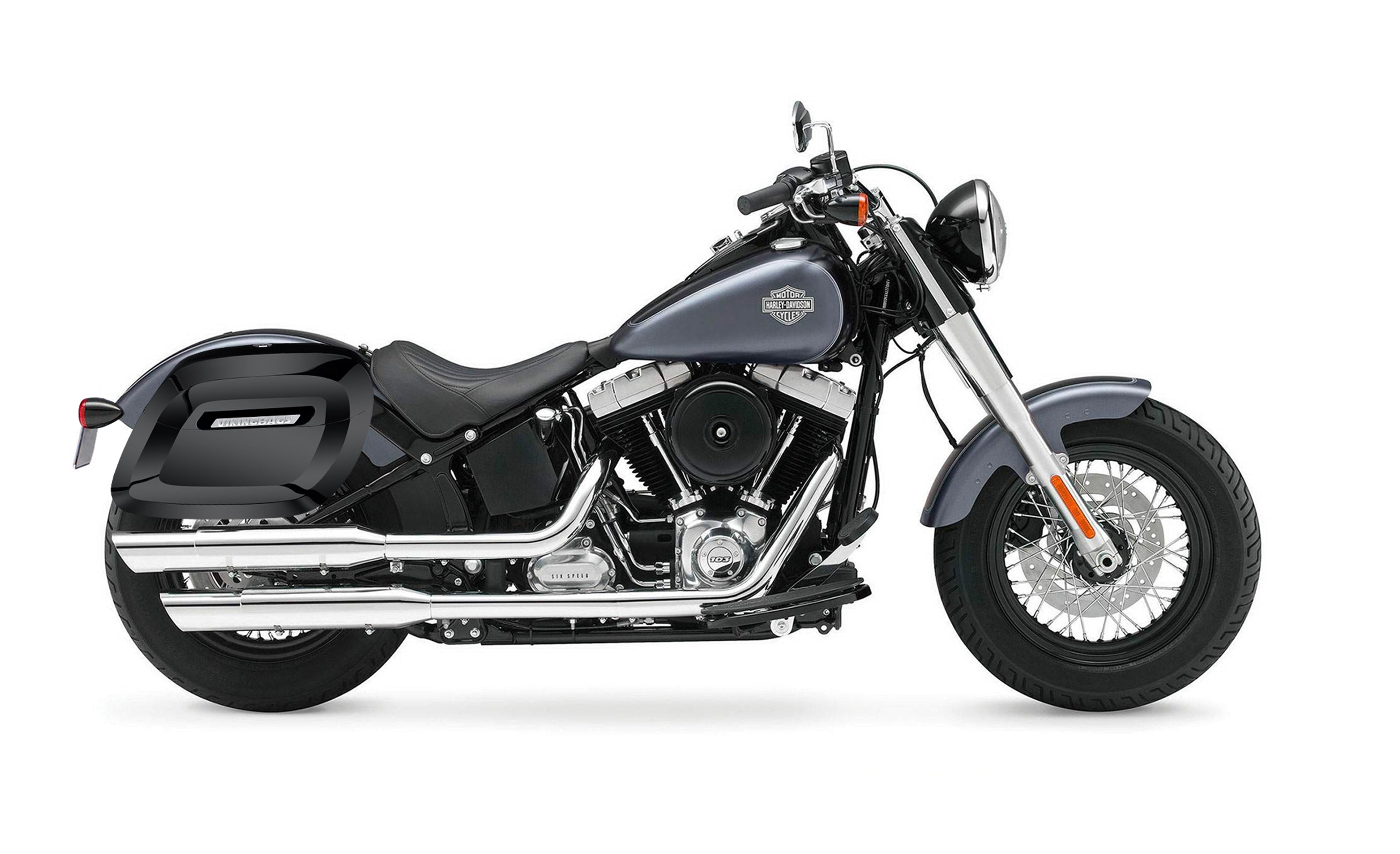 40L - Lamellar Raven XL Painted Motorcycle Hard Saddlebags for Harley Softail Slim FLS on Bike Photo @expand
