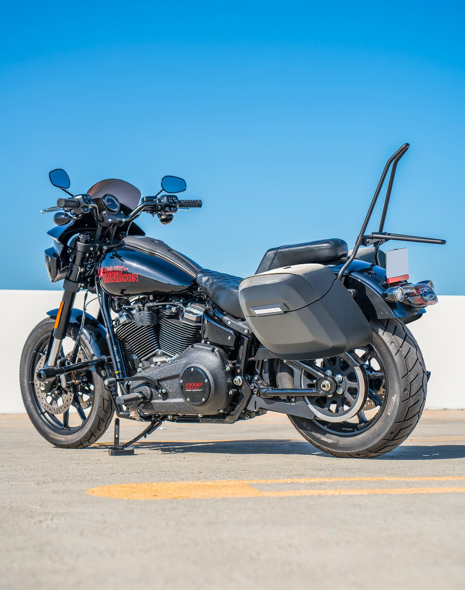 40L - Lamellar Raven XL Leather Covered Hard Saddlebags For 2025+ Harley Softail Low Rider S FXLRS Vertical Lifestyle 