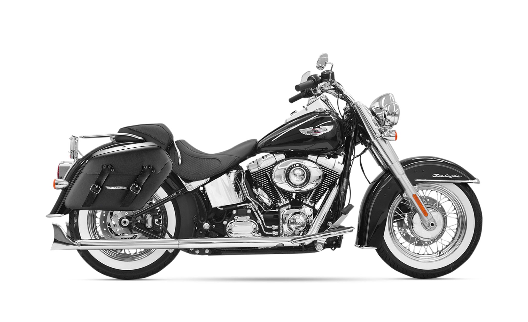42L - Baldur Extra Large Leather Wrapped Motorcycle Hard Saddlebags for Harley Softail Heritage FLSTICCI on Bike Photo @expand