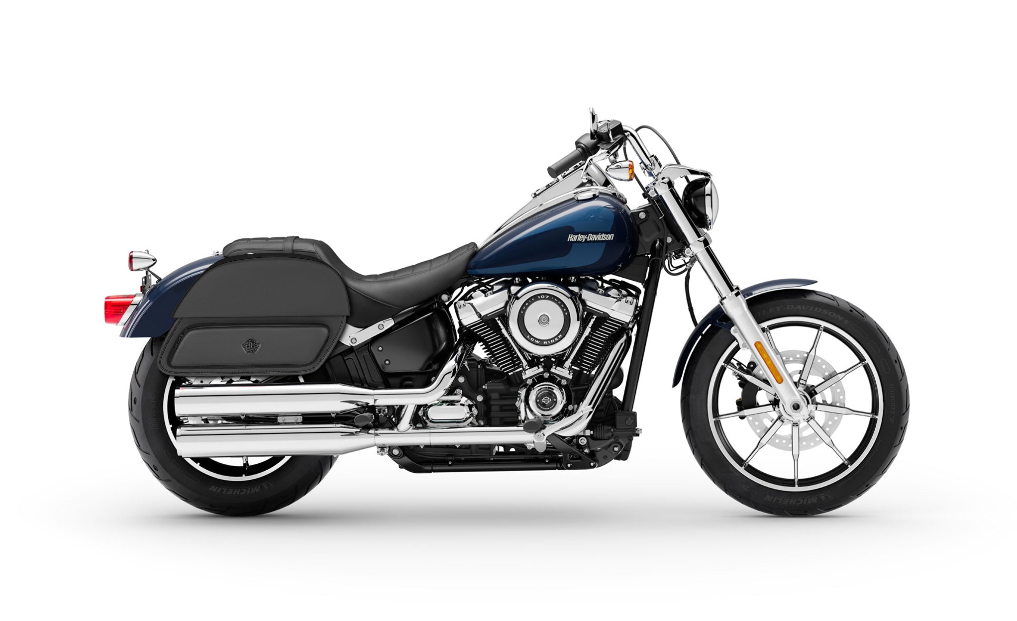 28L - Pantheon Medium Motorcycle Saddlebags for Harley Softail Low Rider FXLR on Bike Photo @expand