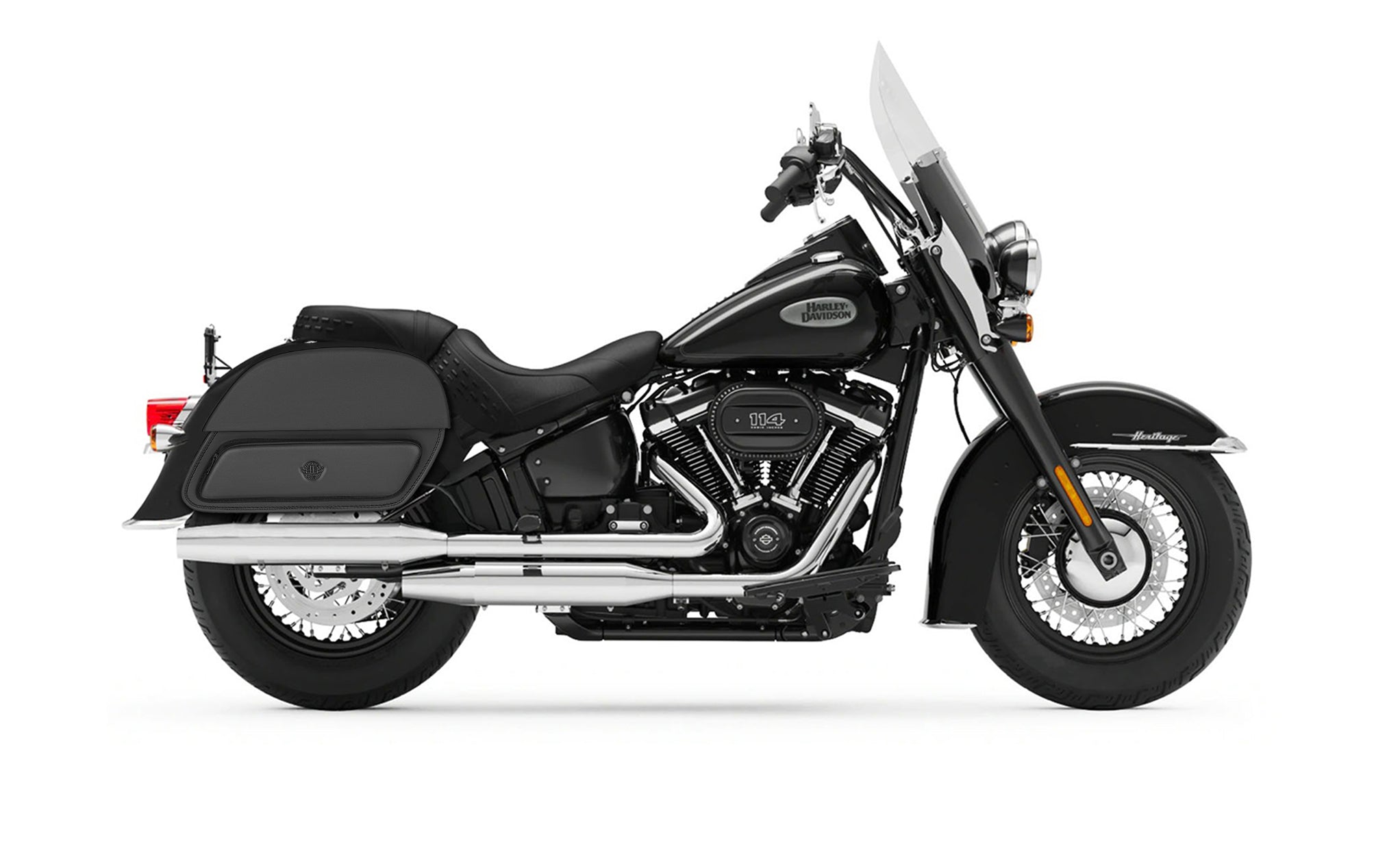 28L - Pantheon Medium Motorcycle Saddlebags for Harley Softail Heritage FLSTC/I on Bike Photo @expand