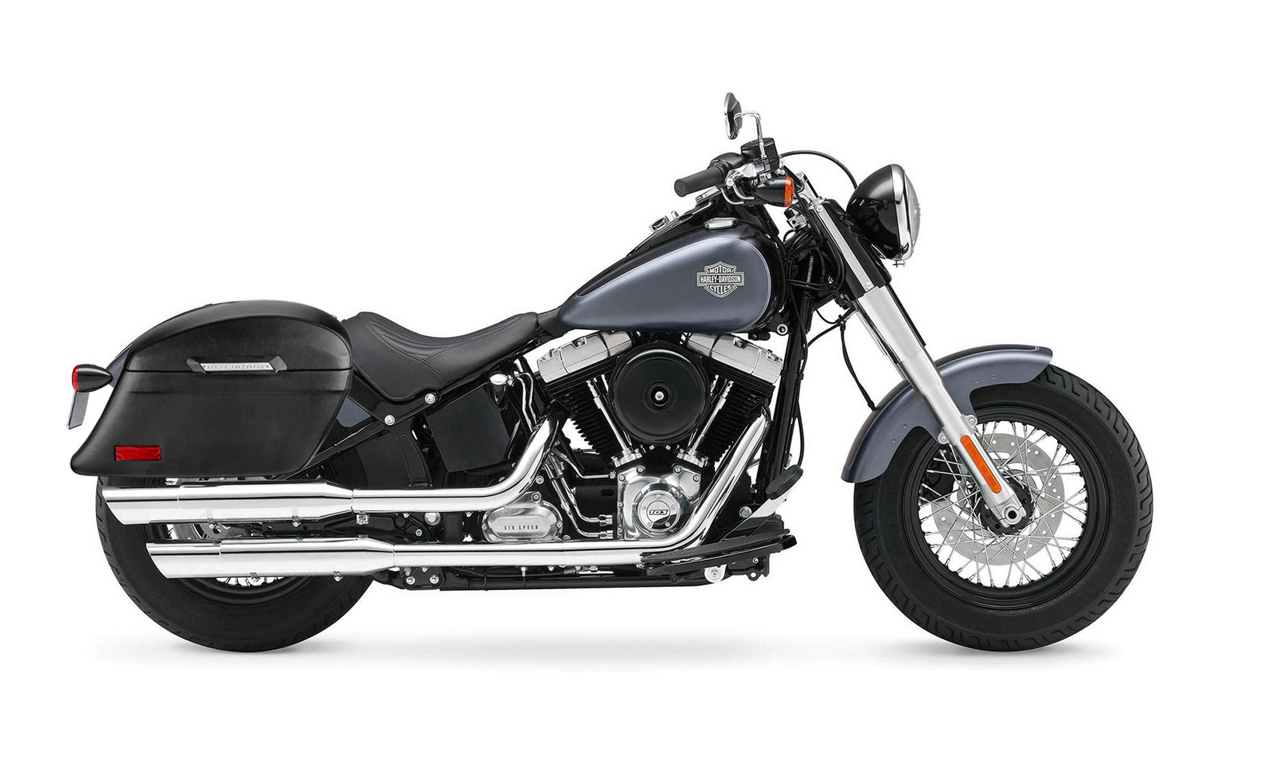 44L - Lamellar Stallion XL Leather Covered Motorcycle Hard Saddlebags for Harley Softail Slim FLS on Bike Photo @expand