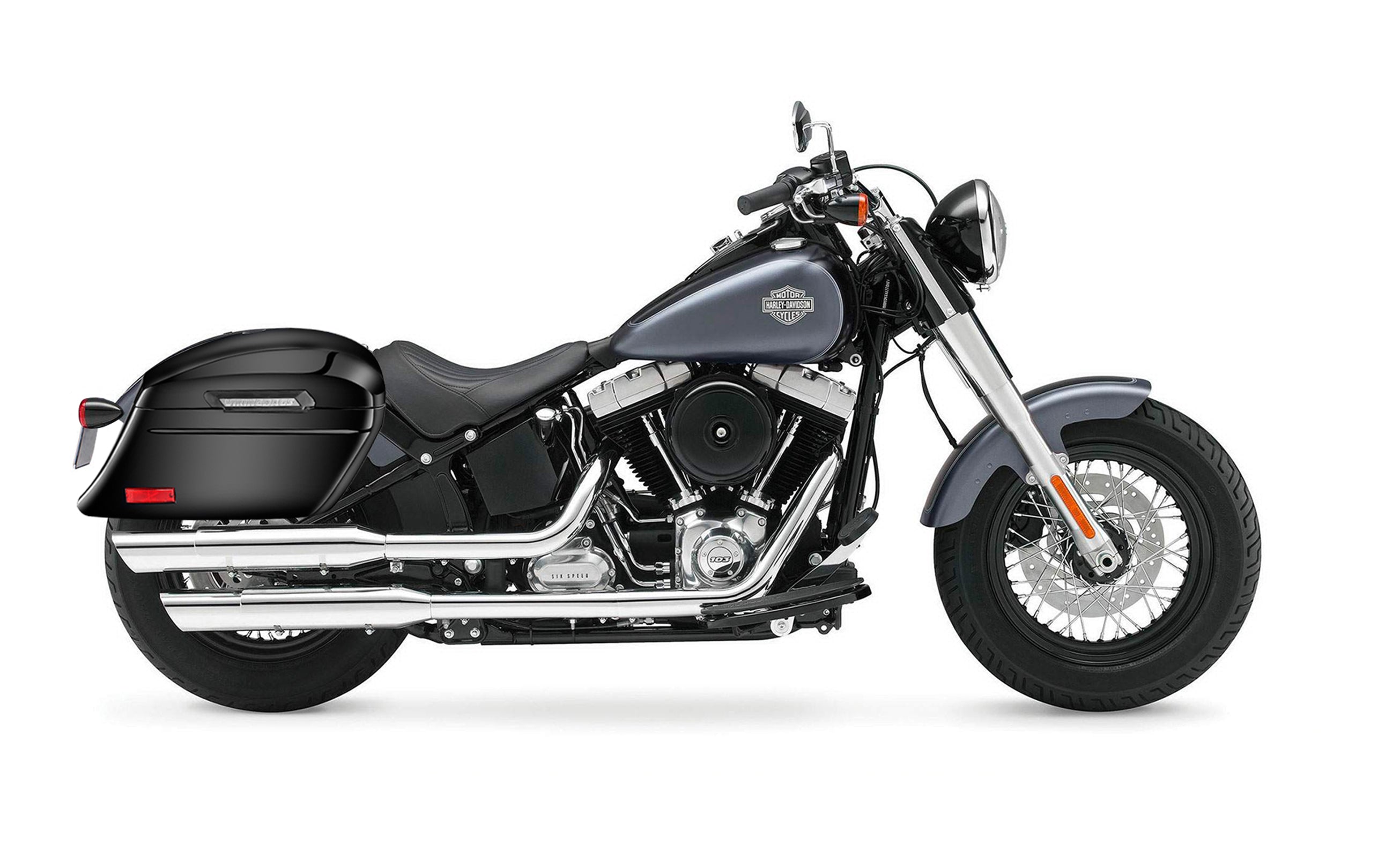 44L - Lamellar Stallion XL Painted Motorcycle Hard Saddlebags for Harley Softail Slim FLS on Bike Photo @expand