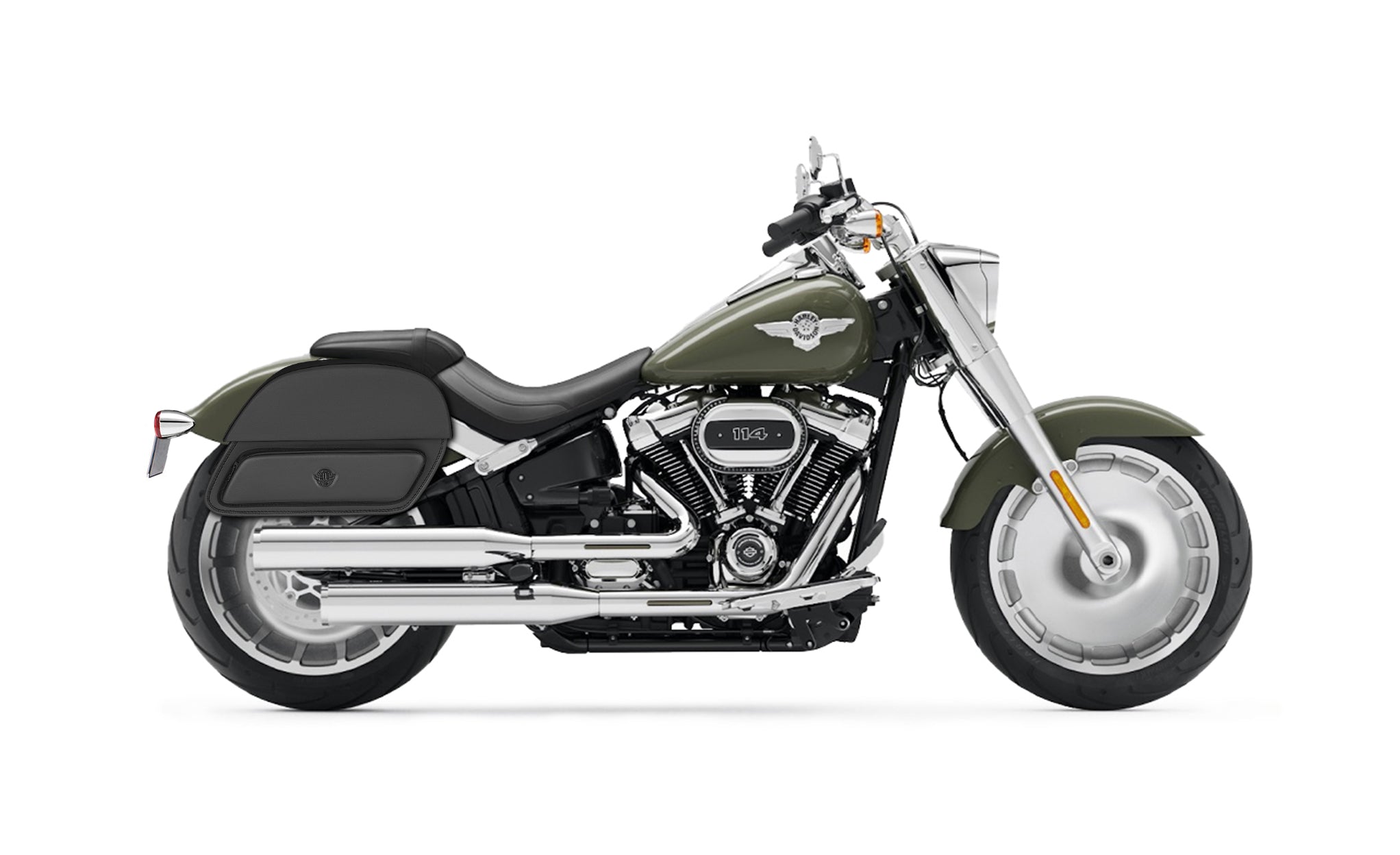 28L - Pantheon Medium Motorcycle Saddlebags for Harley Softail Fatboy FLSTF/I on Bike Photo @expand