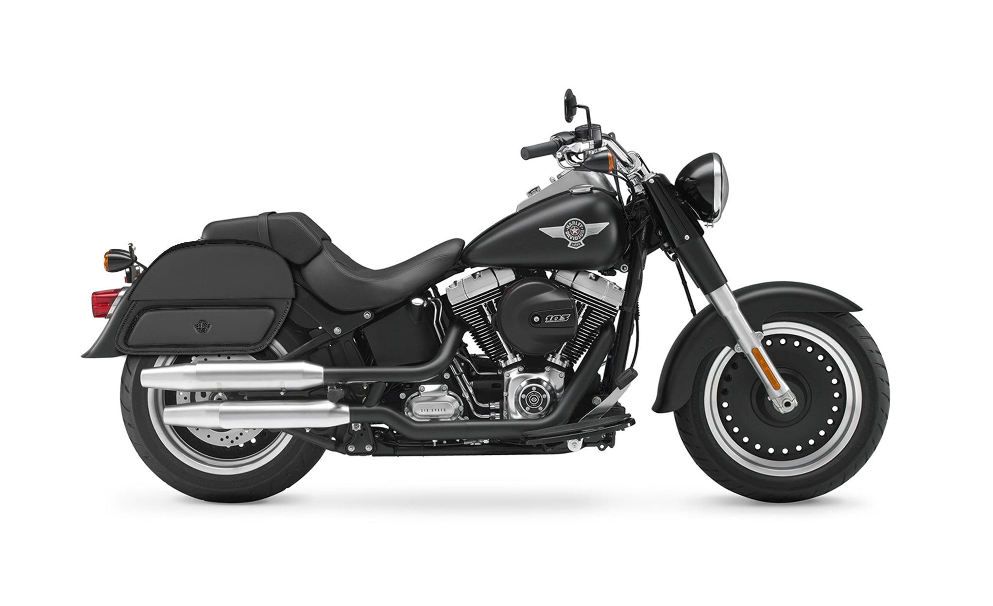 28L - Pantheon Medium Motorcycle Saddlebags for Harley Softail Fat Boy Lo FLSTFB on Bike Photo @expand