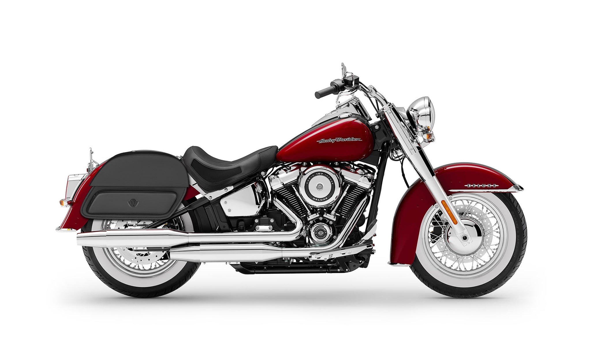 Viking Pantheon Medium Leather Motorcycle Saddlebags For Harley Davidson Softail Deluxe Flstn I on Bike Photo @expand