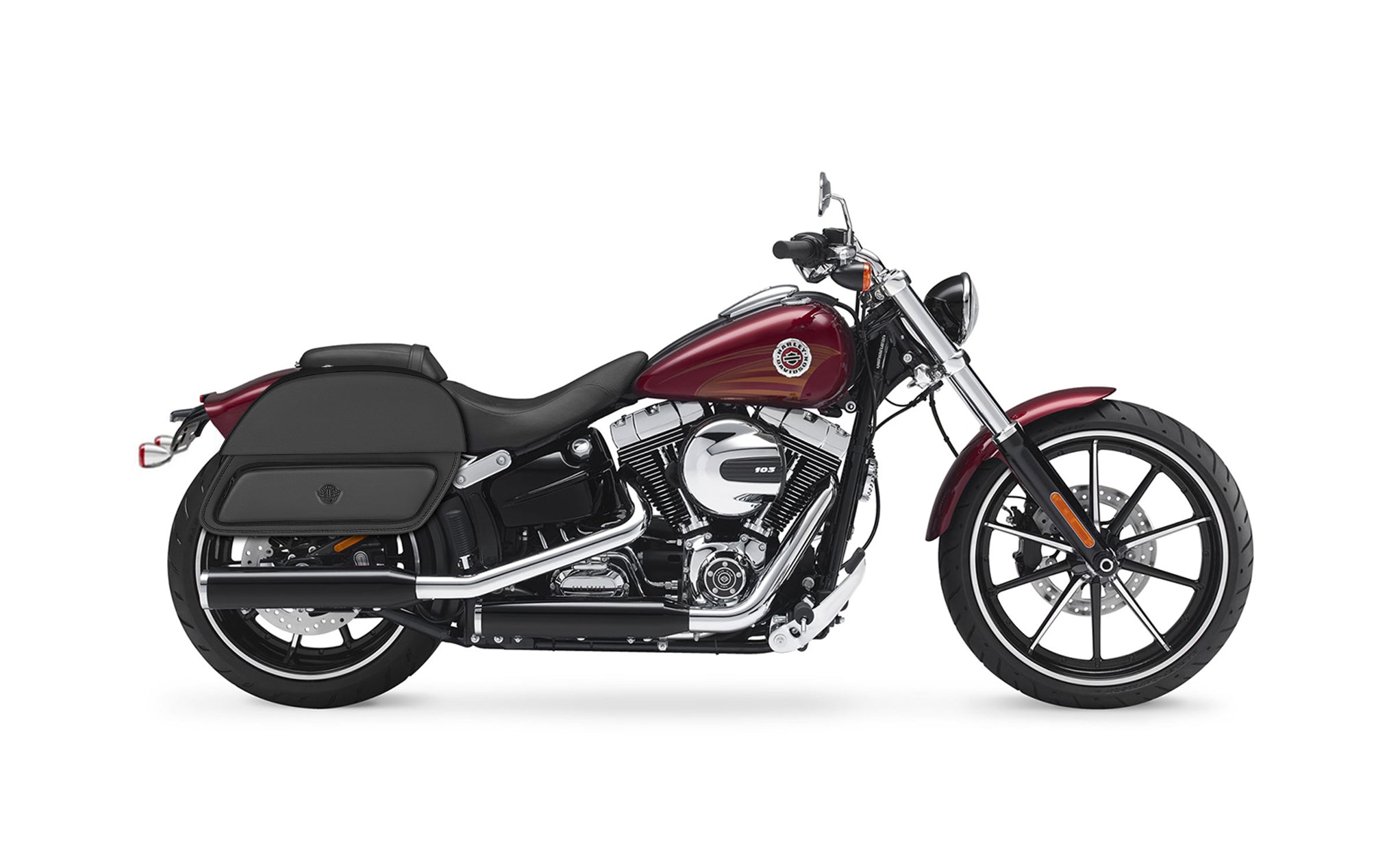 28L - Pantheon Medium Motorcycle Saddlebags for Harley Softail Breakout FXSB on Bike Photo @expand