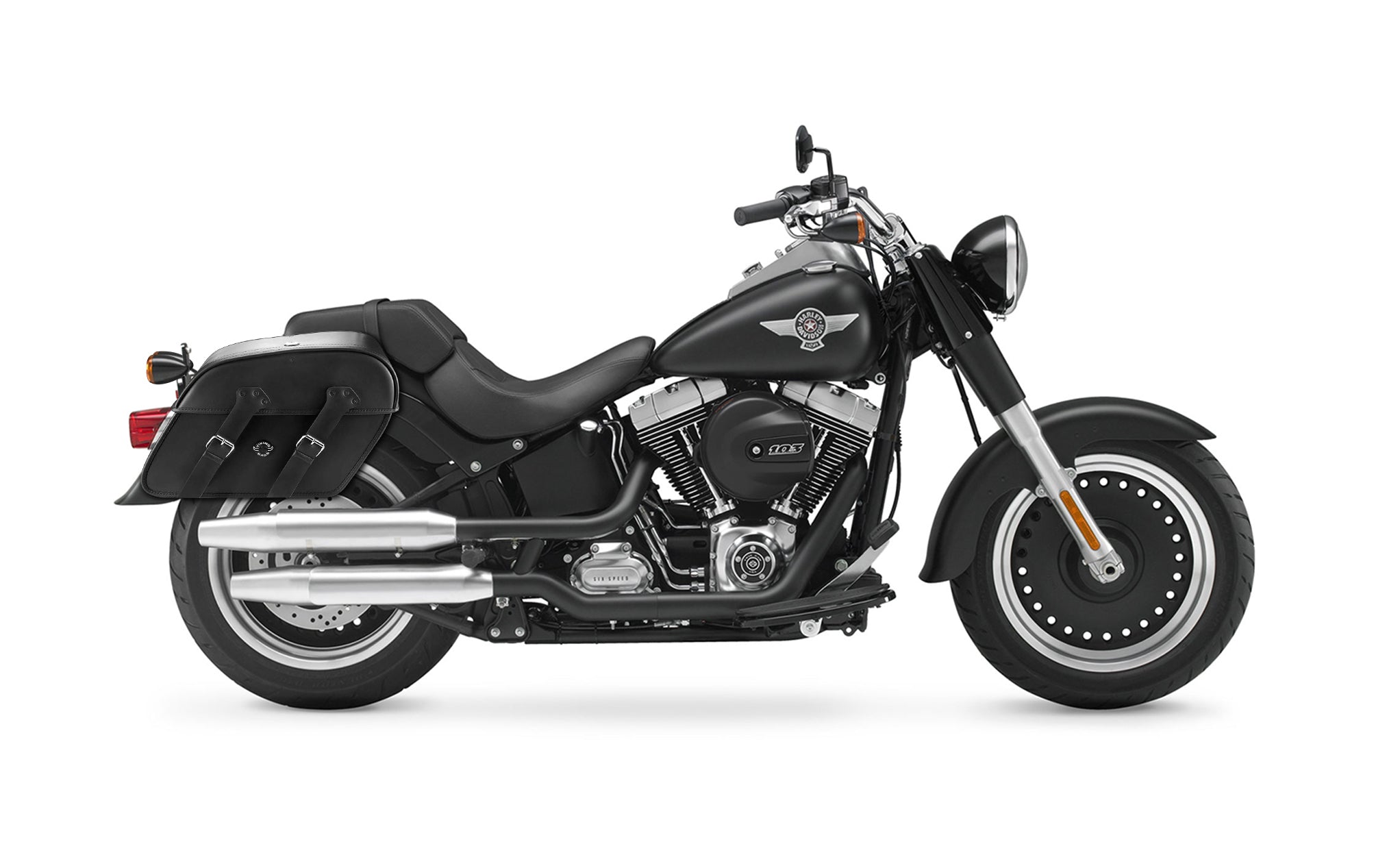 Viking Raven Large Motorcycle Leather Saddlebags For Harley Softail Fat Boy Lo Flstfb on Bike Photo @expand