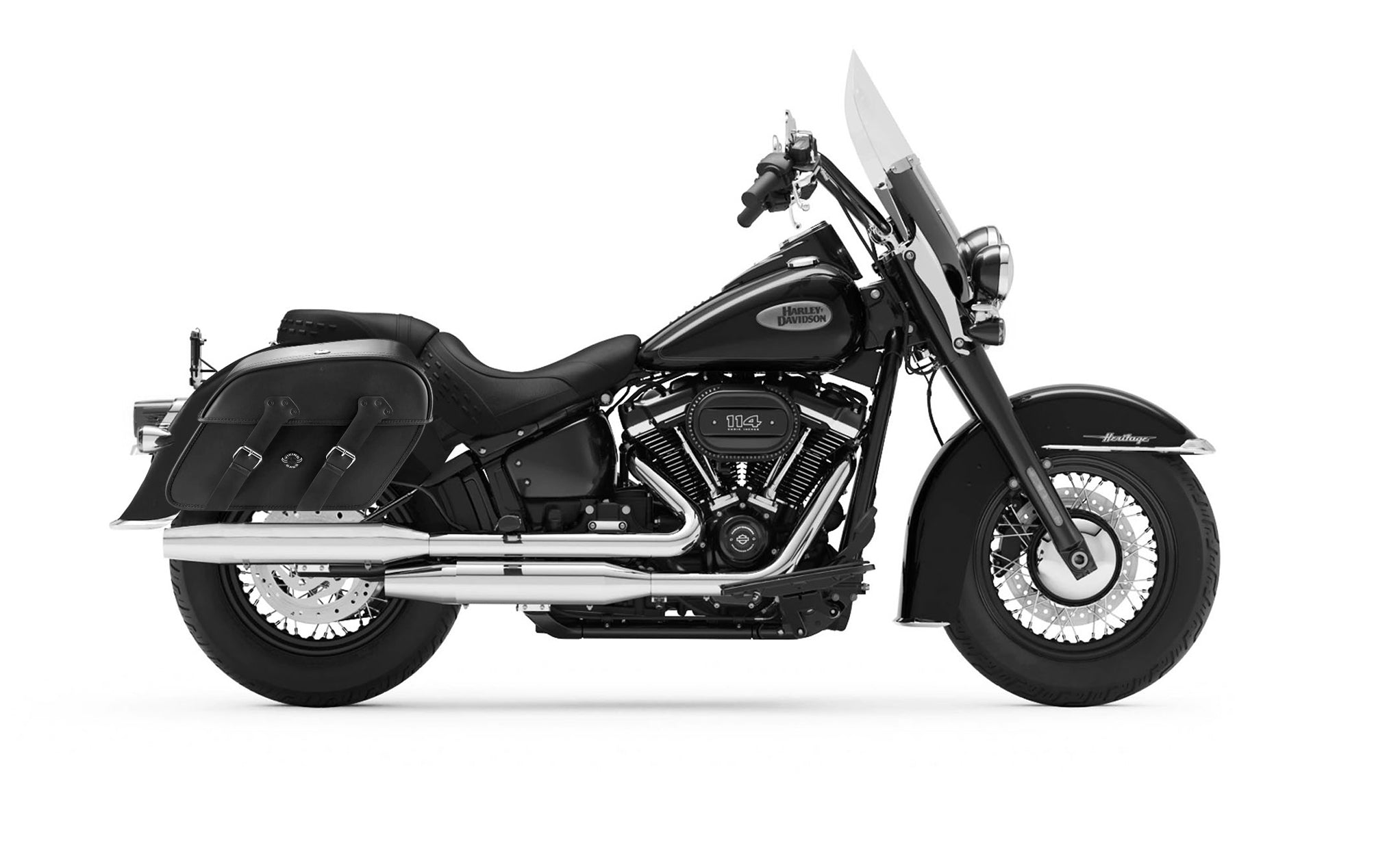 Viking Raven Extra Large Leather Motorcycle Saddlebags For Harley Softail Heritage Flst I C Ci on Bike Photo @expand