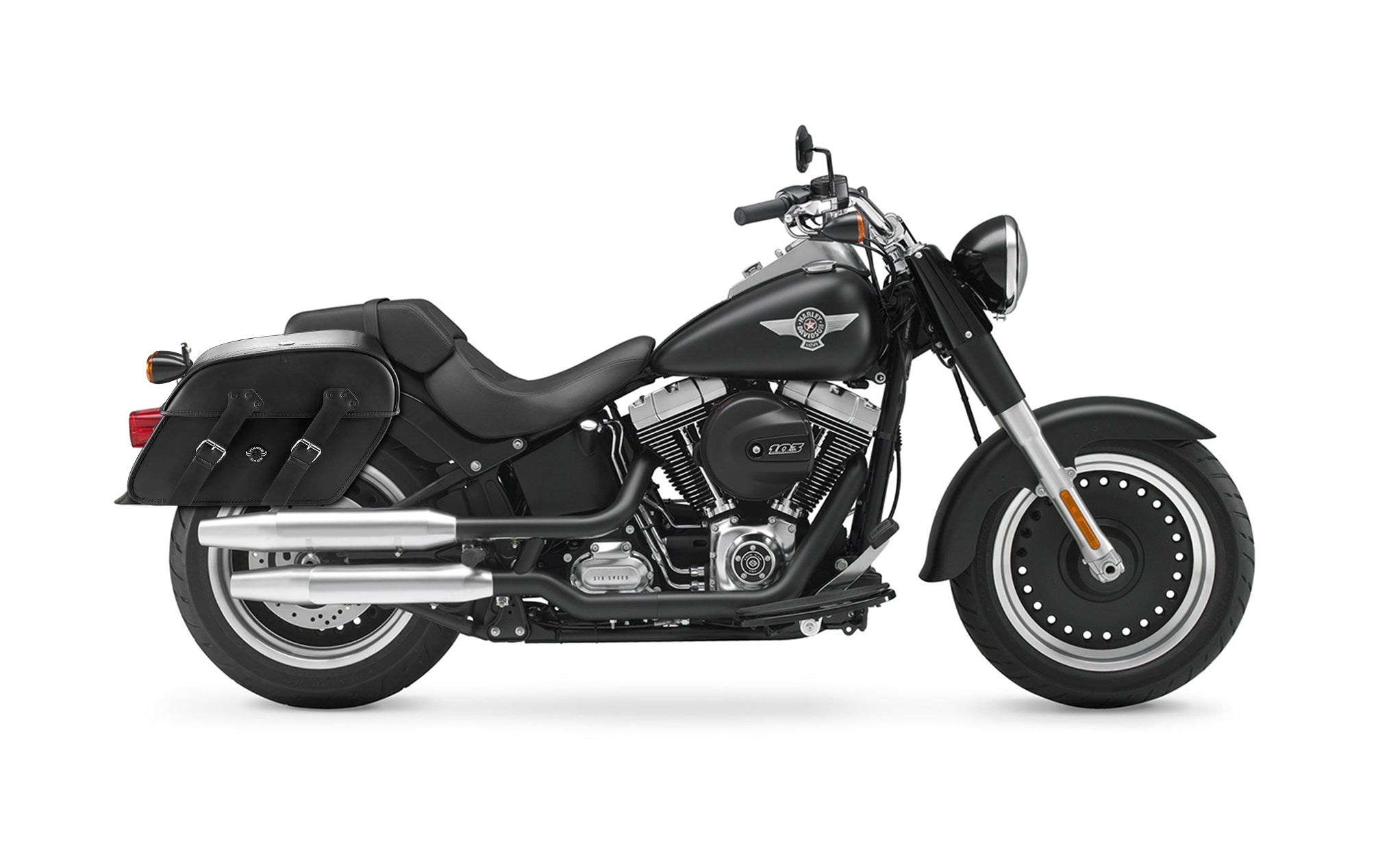 Viking Raven Extra Large Leather Motorcycle Saddlebags For Harley Softail Fat Boy Lo Flstfb on Bike Photo @expand