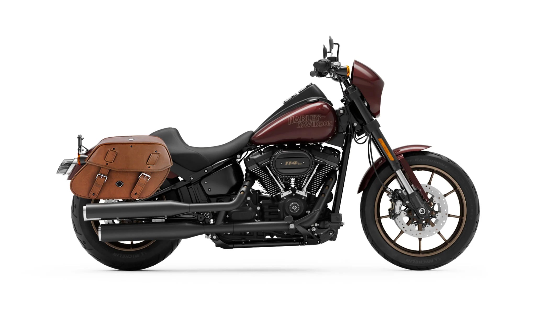 Viking Odin Brown Large Leather Motorcycle Saddlebags For Harley Softail Low Rider S Fxlrs on Bike Photo @expand