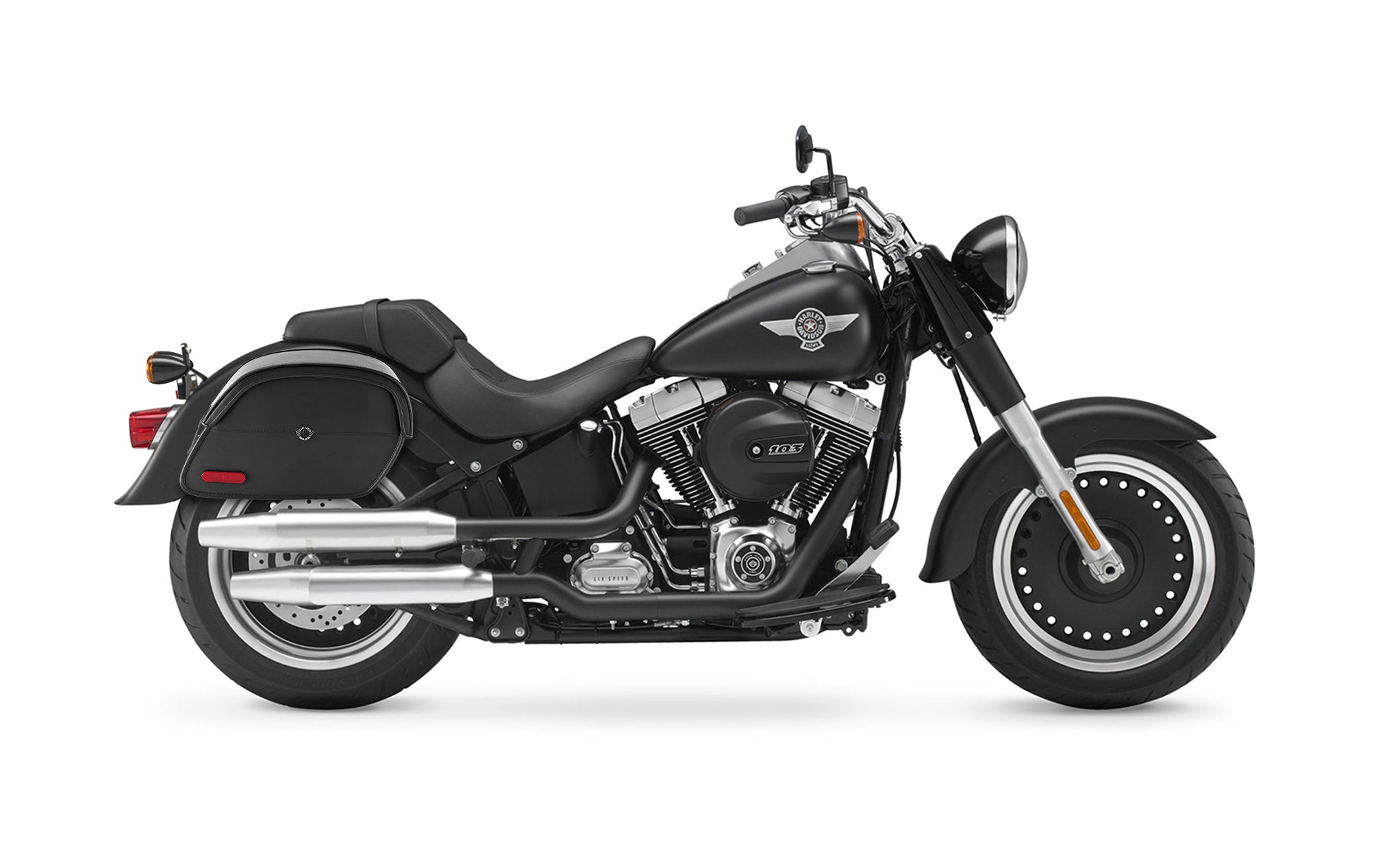 Viking California Large Leather Motorcycle Saddlebags For Harley Davidson Softail Fat Boy Lo Flstfb on Bike Photo @expand