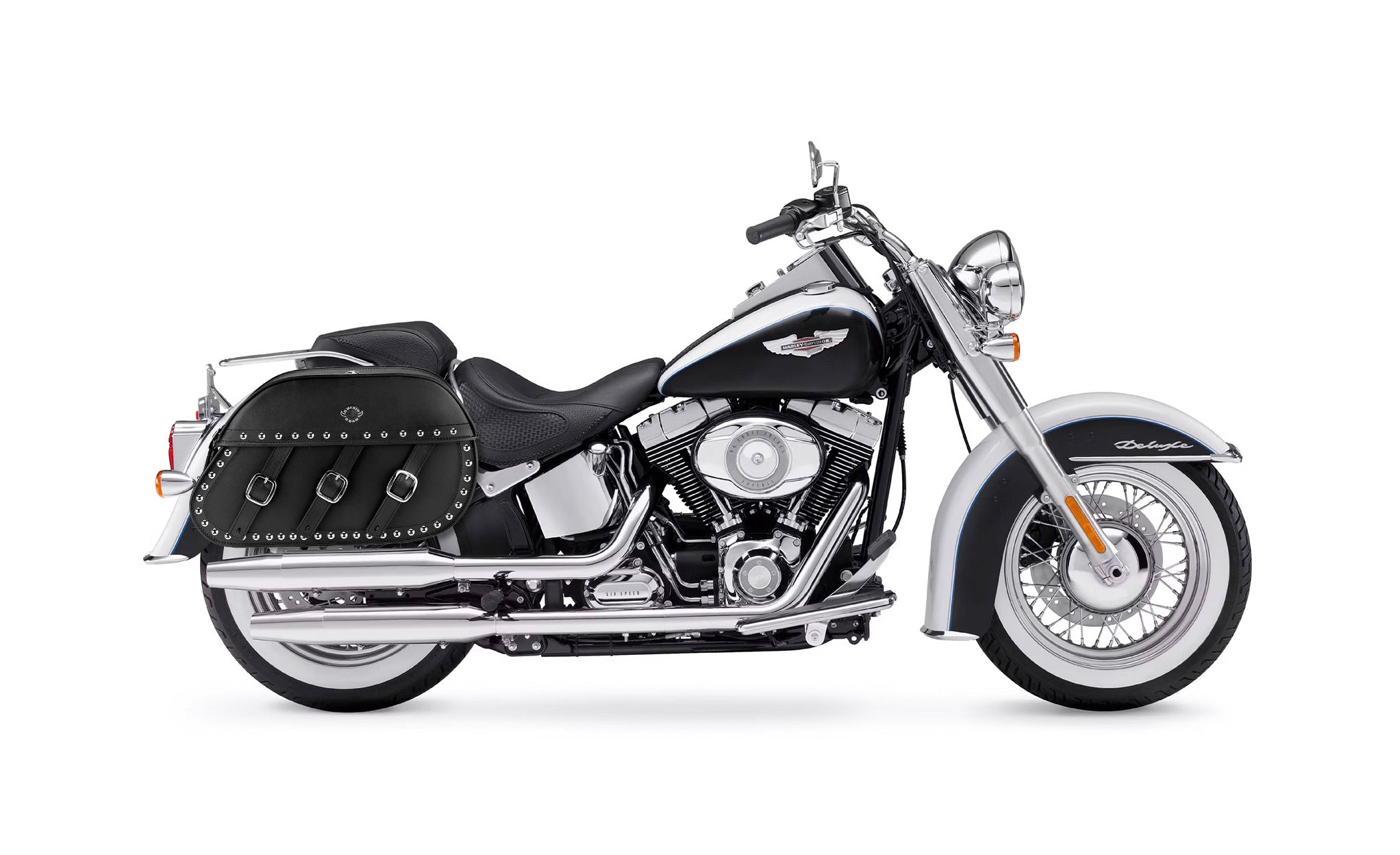 34L - Trianon Extra Large Studded Leather Motorcycle Saddlebags for Harley Softail Deluxe FLSTN/I on Bike Photo @expand