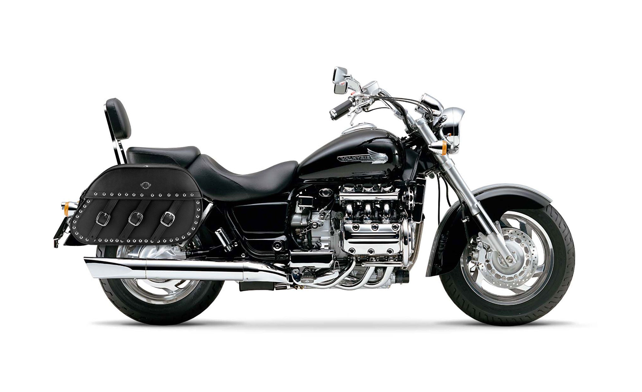 34L - Trianon Extra Large Honda Valkyrie 1500 Standard Studded Leather Motorcycle Saddlebags on Bike Photo @expand
