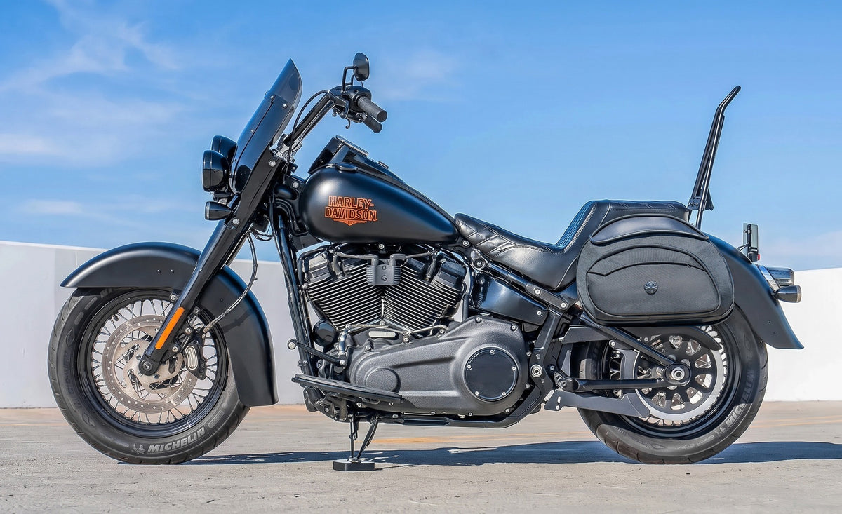 60L - Stealth XL Quick Mount Saddlebags for Harley Softail Deadwood FLHD Lifestyle @expand