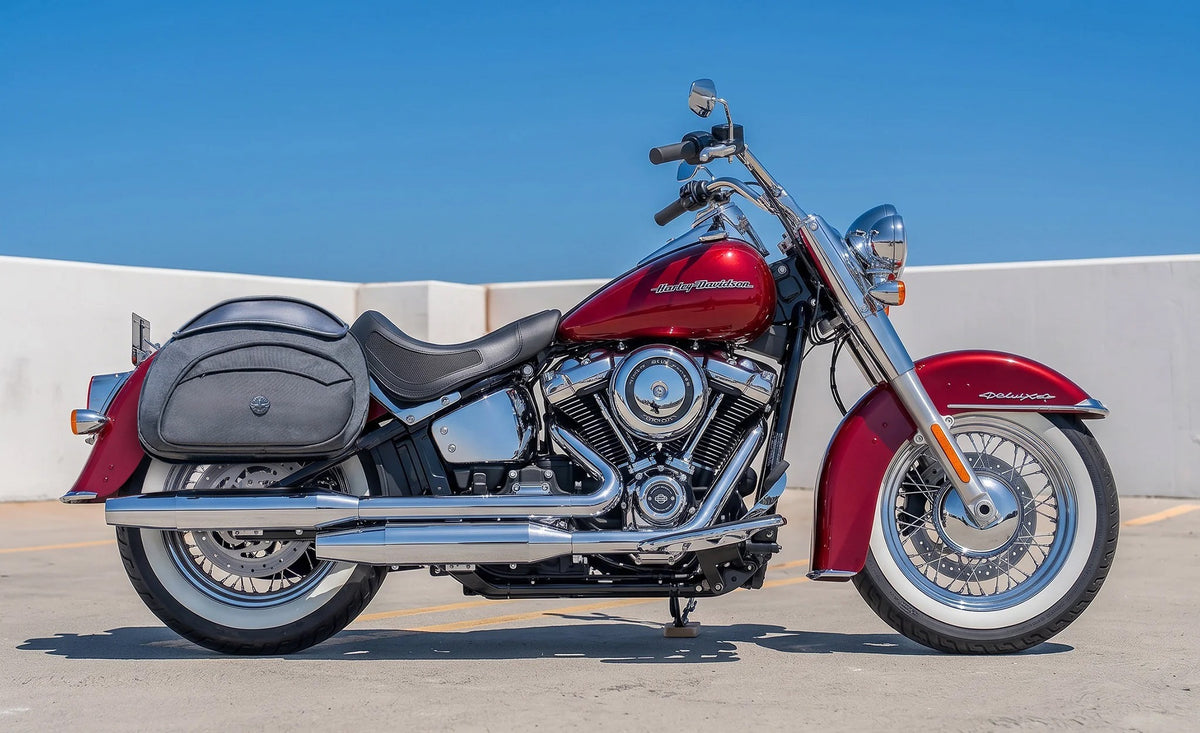 60L - Stealth XL Quick Mount Saddlebags for Harley Softail Deluxe FLDE Lifestyle @expand