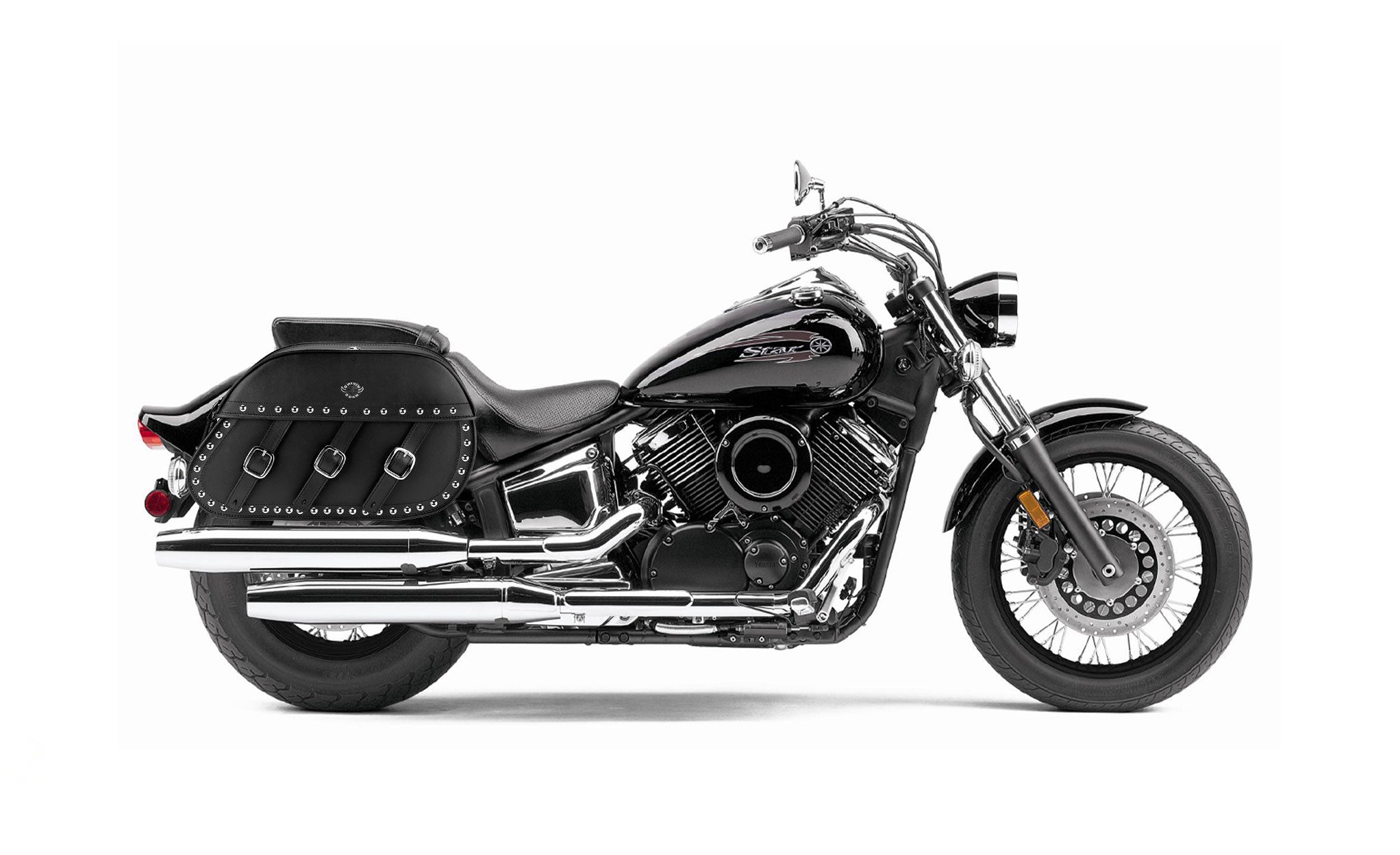 34L - Trianon Extra Large Yamaha V Star 1100 Custom XVS11T Studded Leather Motorcycle Saddlebags on Bike Photo @expand
