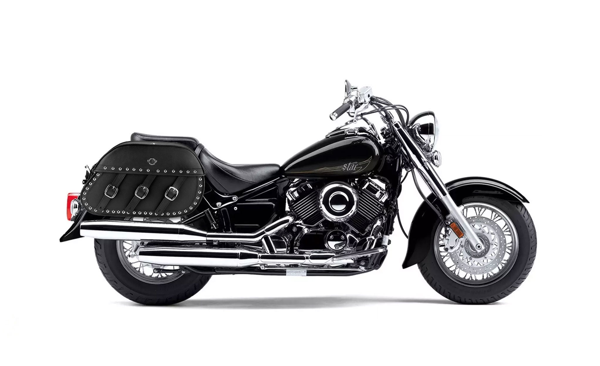 34L - Trianon Extra Large Yamaha V Star 650 Classic XVS65A Studded Leather Motorcycle Saddlebags on Bike Photo @expand