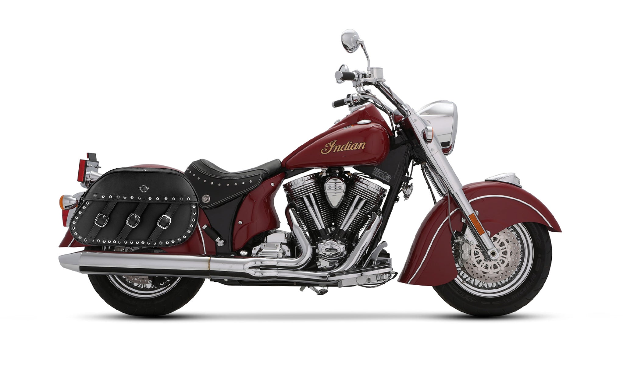 34L - Trianon Extra Large Indian Chief Deluxe Studded Leather Motorcycle Saddlebags on Bike Photo @expand