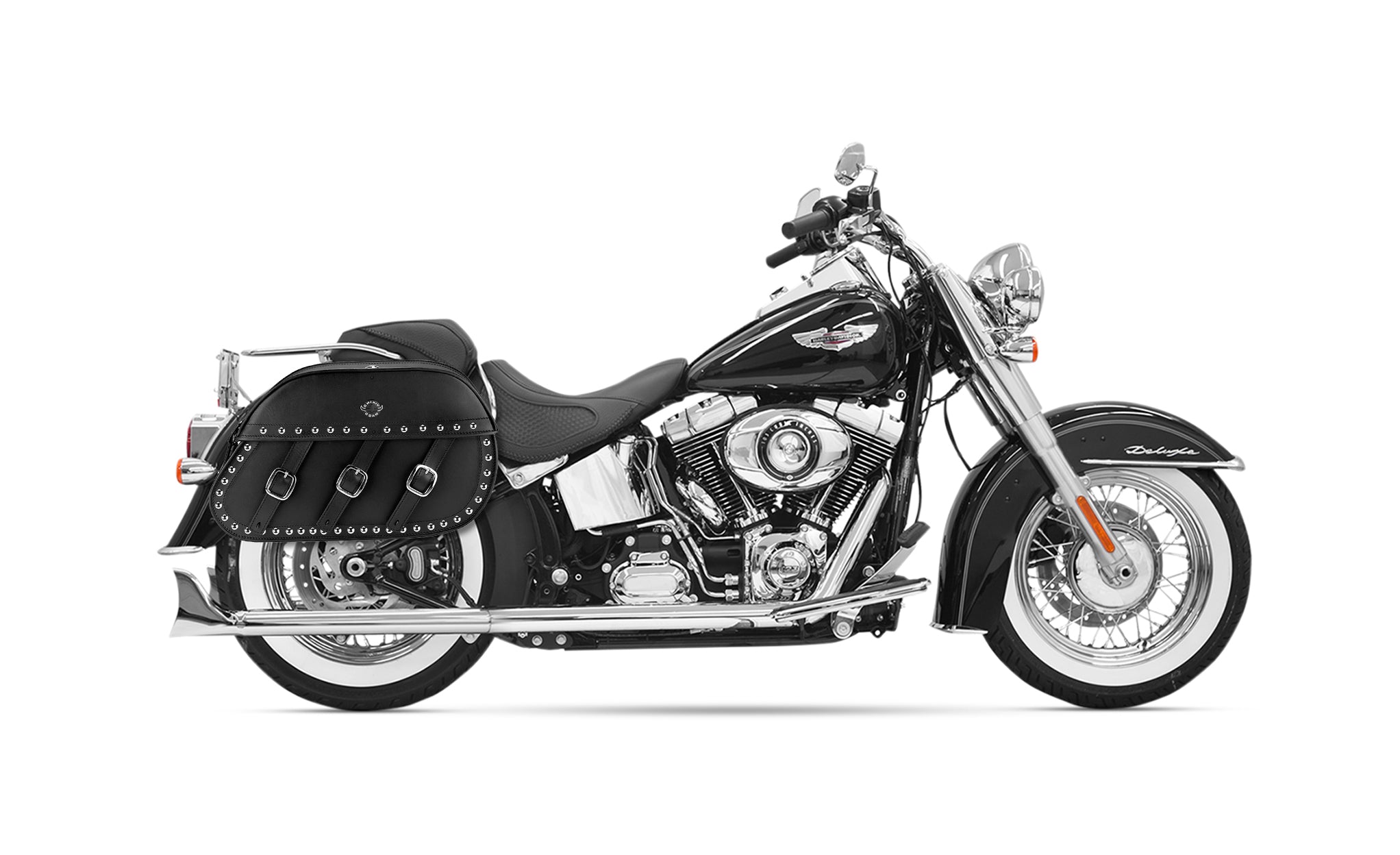 34L - Trianon Extra Large Studded Leather Motorcycle Saddlebags for Harley Softail Heritage FLSTC/I on Bike Photo @expand