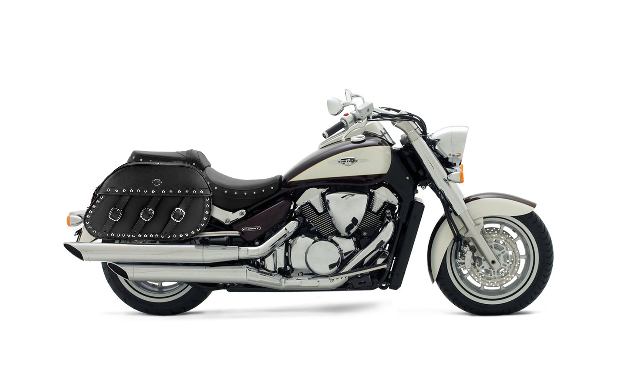 34L - Trianon Extra Large Suzuki Boulevard C109 Studded Leather Motorcycle Saddlebags on Bike Photo @expand
