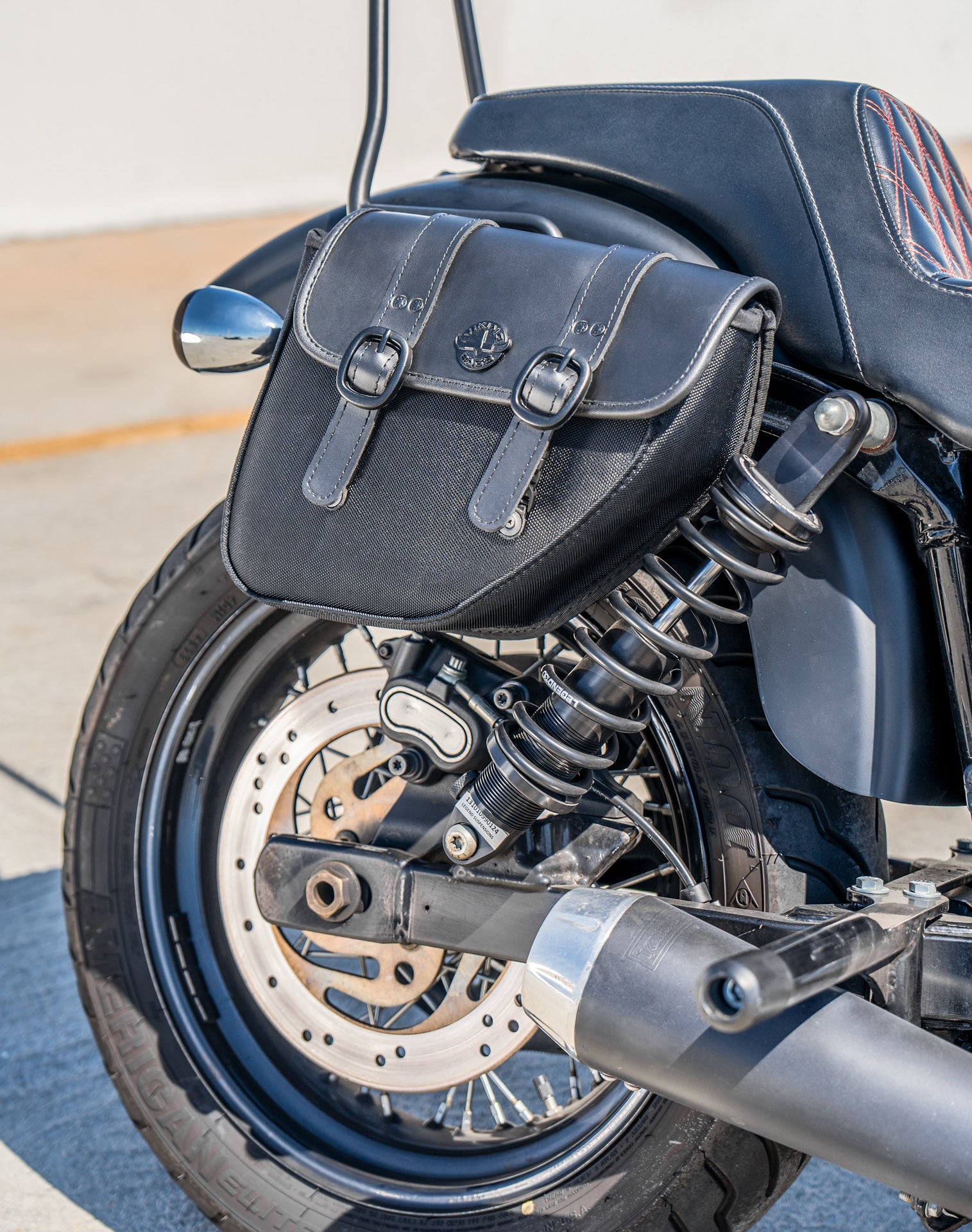 8L - Hawk Small Leather Saddlebags for Harley Dyna Street Bob FXDB/I Lifestyle Vertical