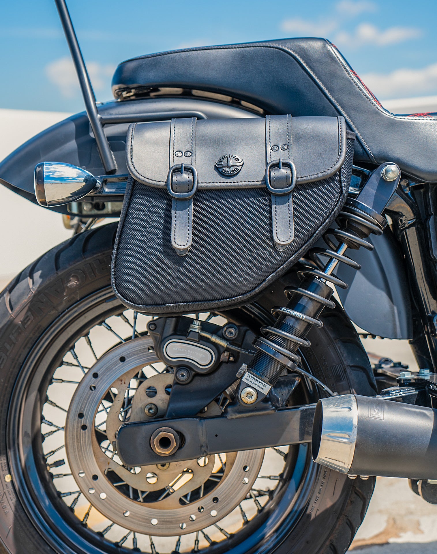 8L - Hawk Small Leather Saddlebags for Harley Dyna Super Glide FXD/I Lifestyle Vertical