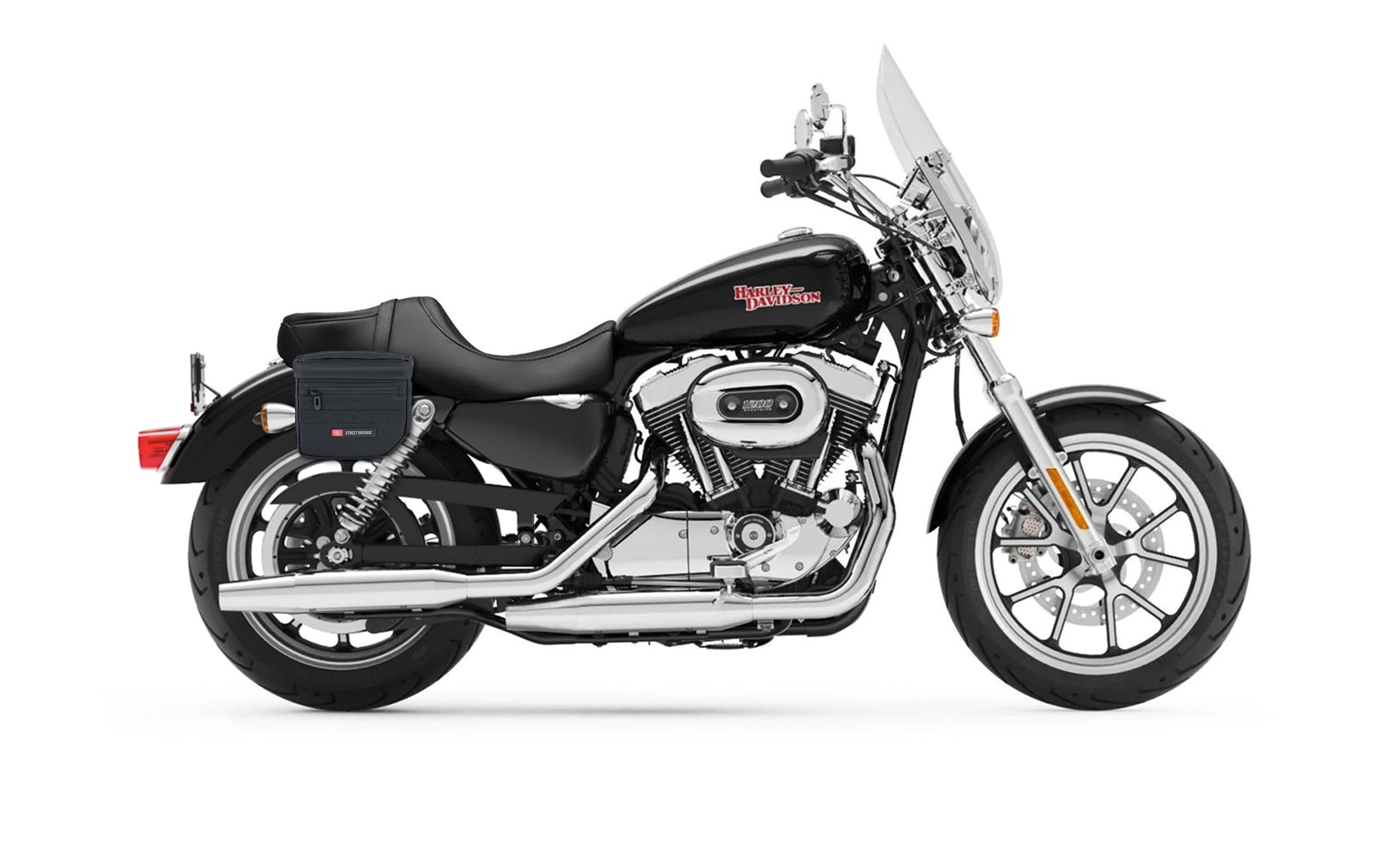 8L - Patriot XS Throw Over Saddlebags for Harley Sportster 1200 Super Low XL1200T Bag on Bike @expand