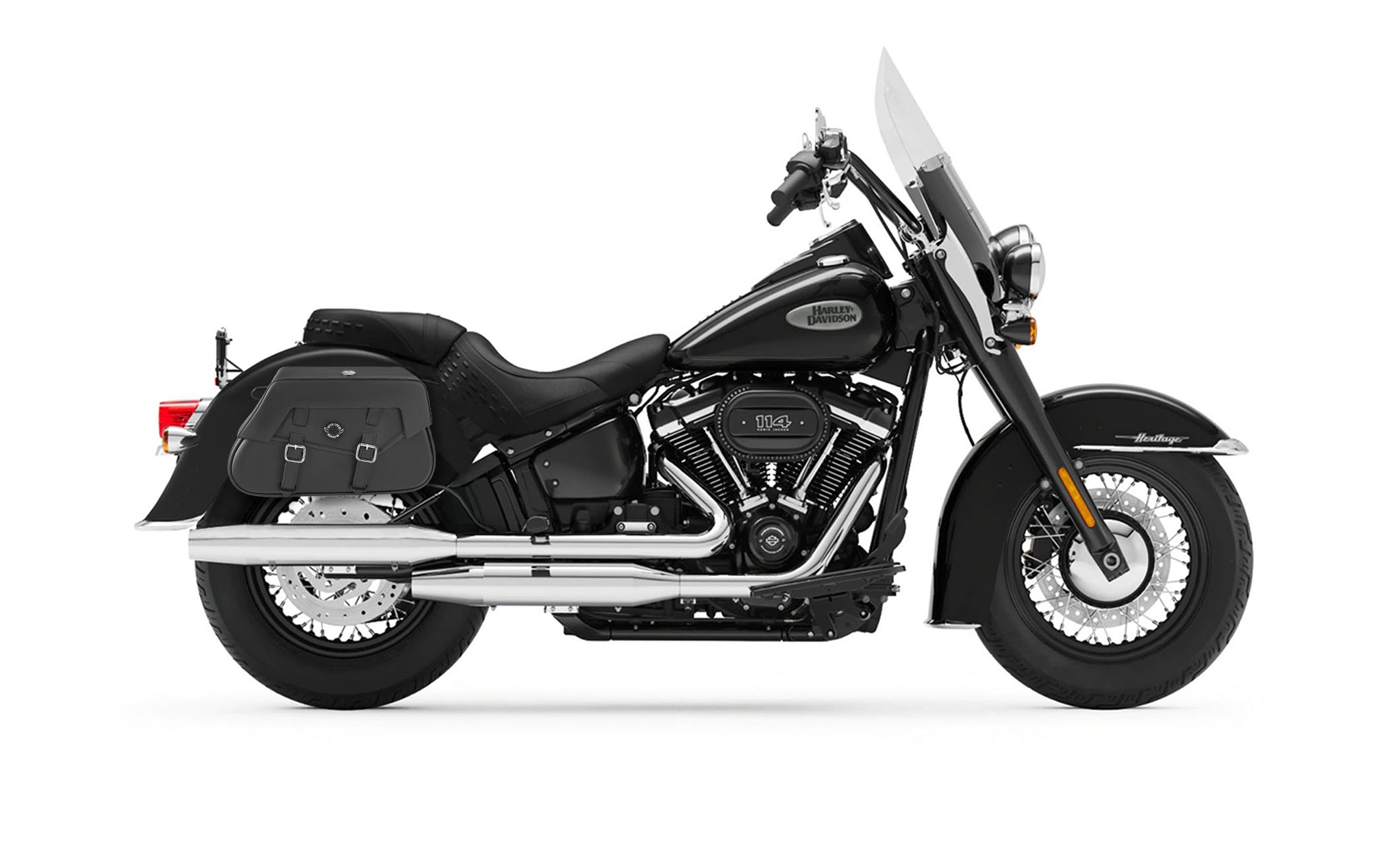 Viking Loki Classic Small Leather Motorcycle Saddlebags For Harley Softail Heritage Flst I C Ci on Bike Photo @expand