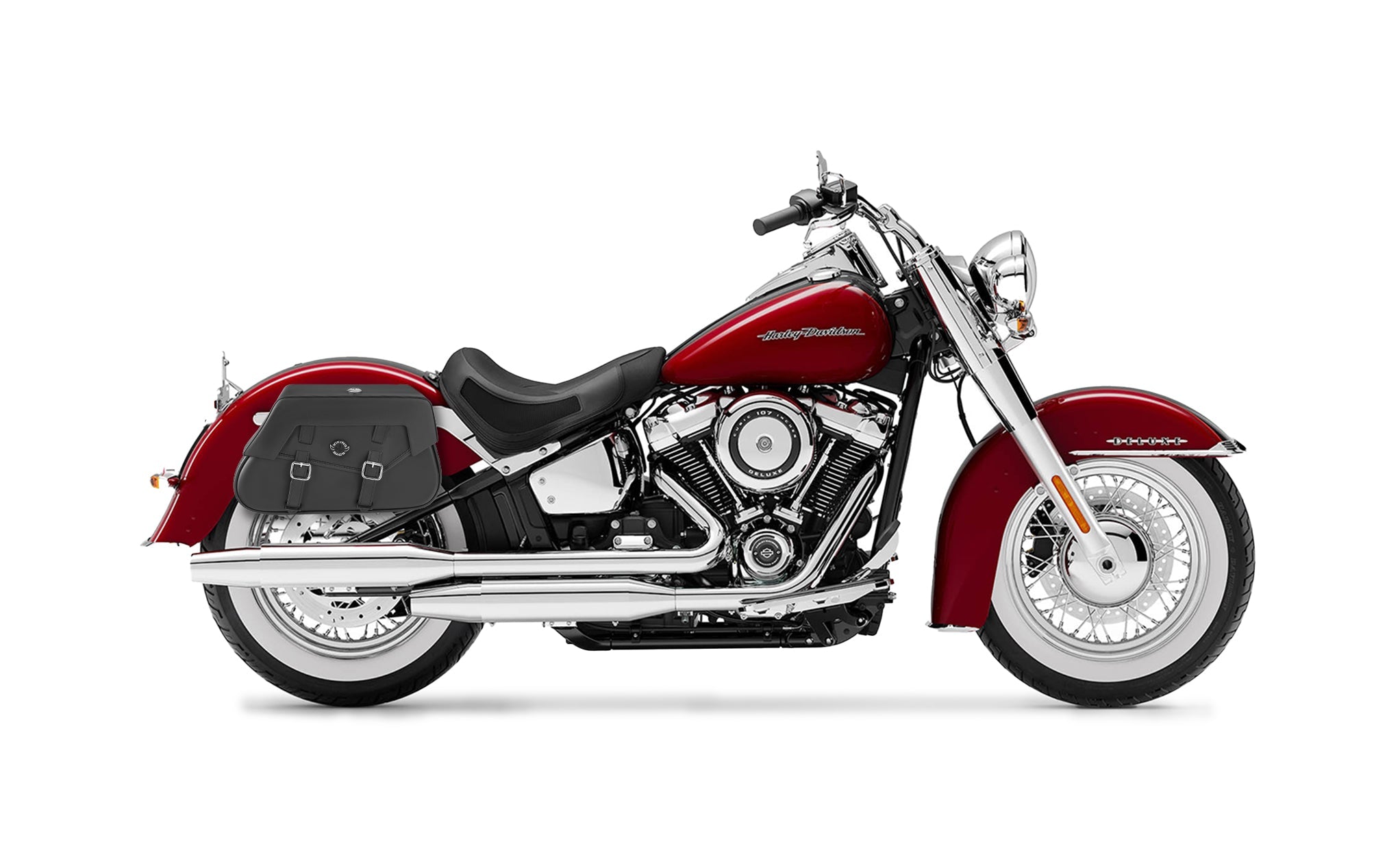 Viking Loki Classic Small Leather Motorcycle Saddlebags For Harley Softail Deluxe Flstn I on Bike Photo @expand