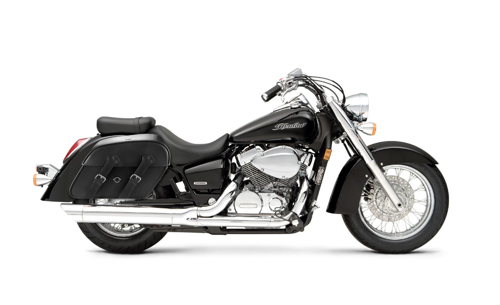 Viking Raven Extra Large Honda Shadow 750 Aero Shock Cut Out Leather Motorcycle Saddlebags on Bike Photo @expand