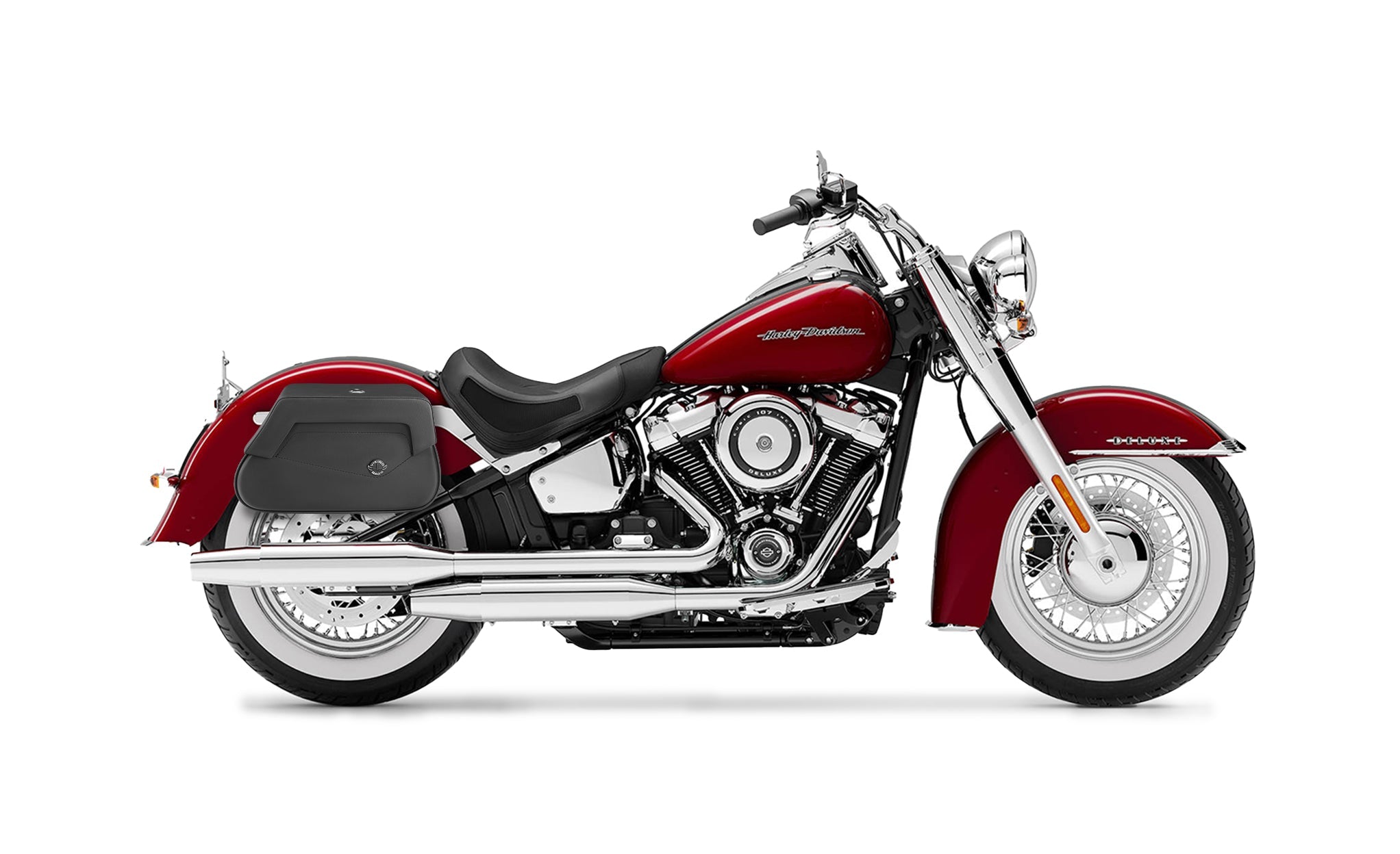 Viking Loki Plain Small Leather Motorcycle Saddlebags For Harley Softail Deluxe Flstn I on Bike Photo @expand