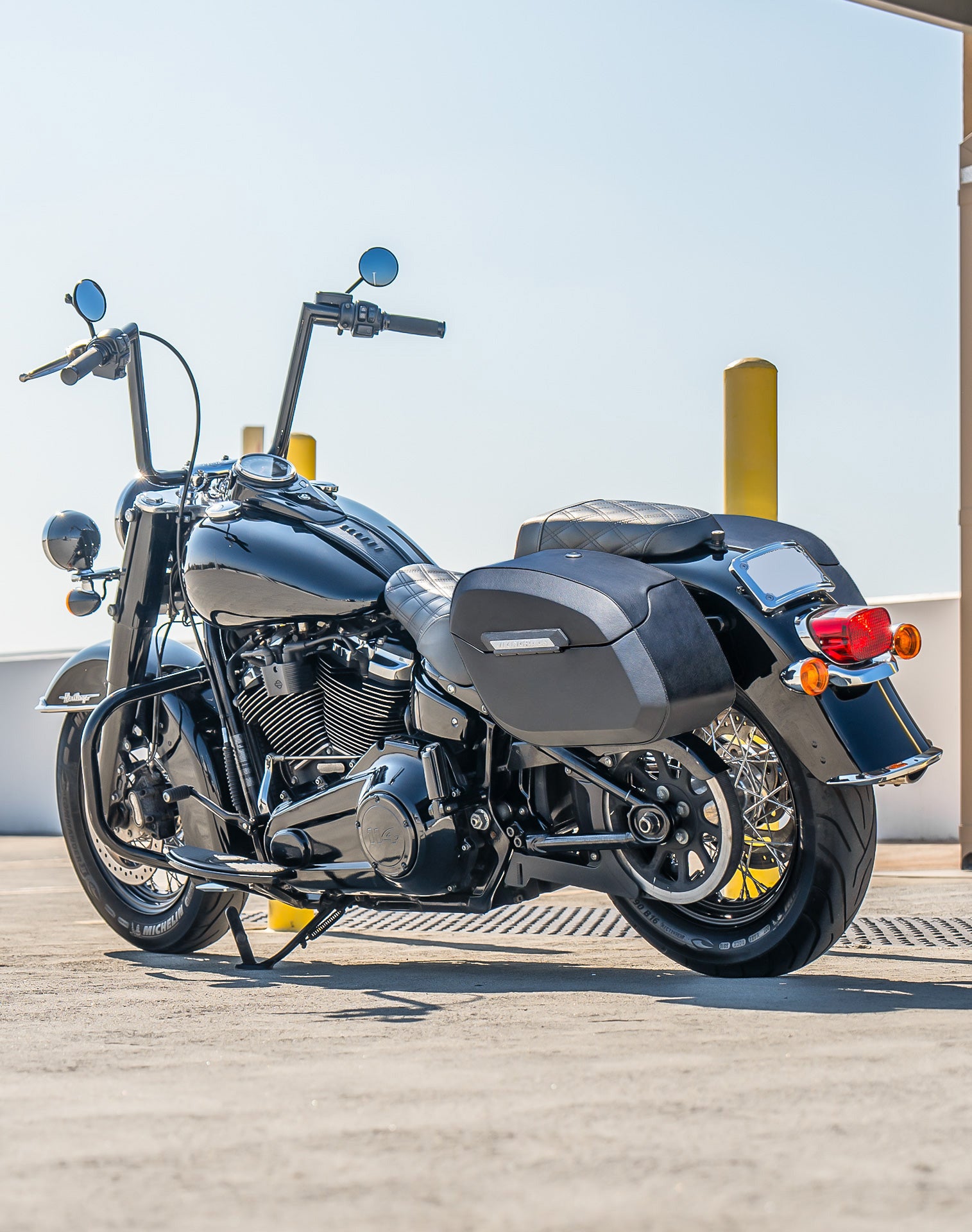 32L - Darkin Large Quick Mount Leather Wrap Hard Saddlebags for Harley Softail Heritage FLHC/S Lifestyle