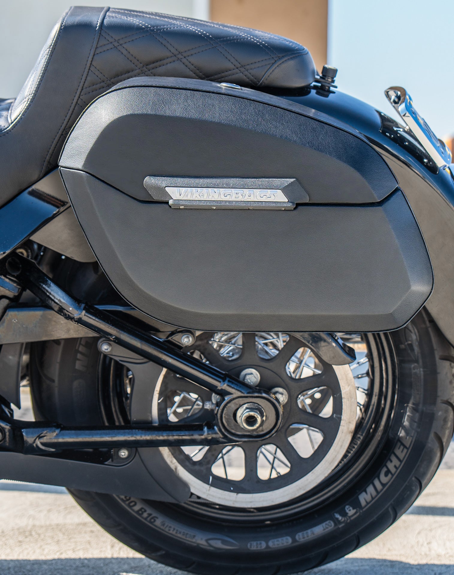 32L - Darkin Large Quick Mount Leather Wrap Hard Saddlebags for Harley Softail Heritage FLHC/S Lifestyle
